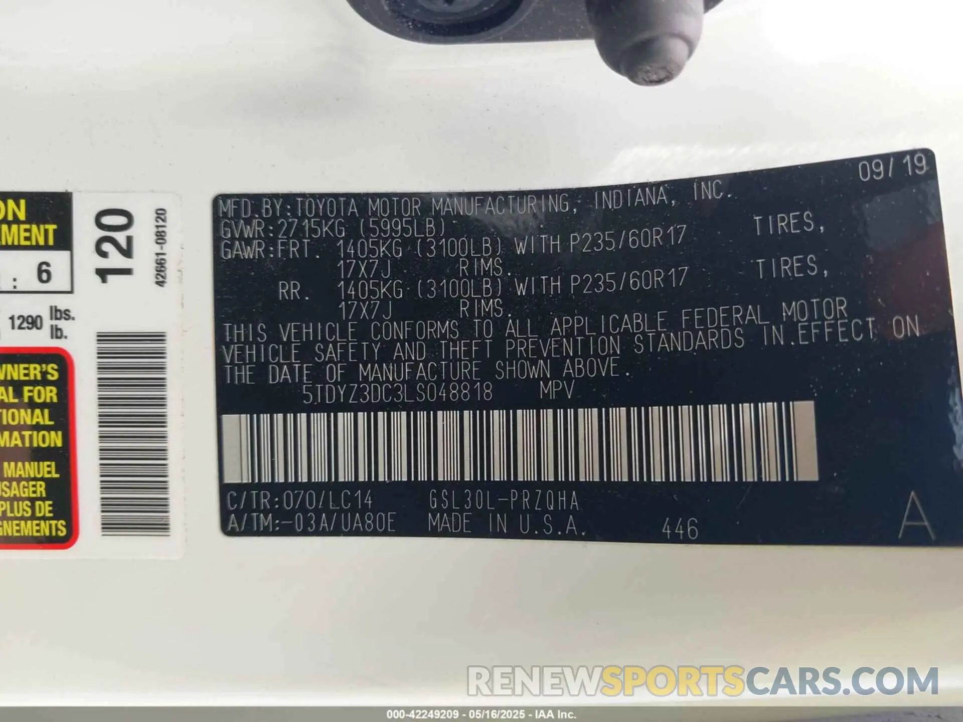 9 fotografías del automóvil dañado 5TDYZ3DC3LS048818 TOYOTA SIENNA 2020