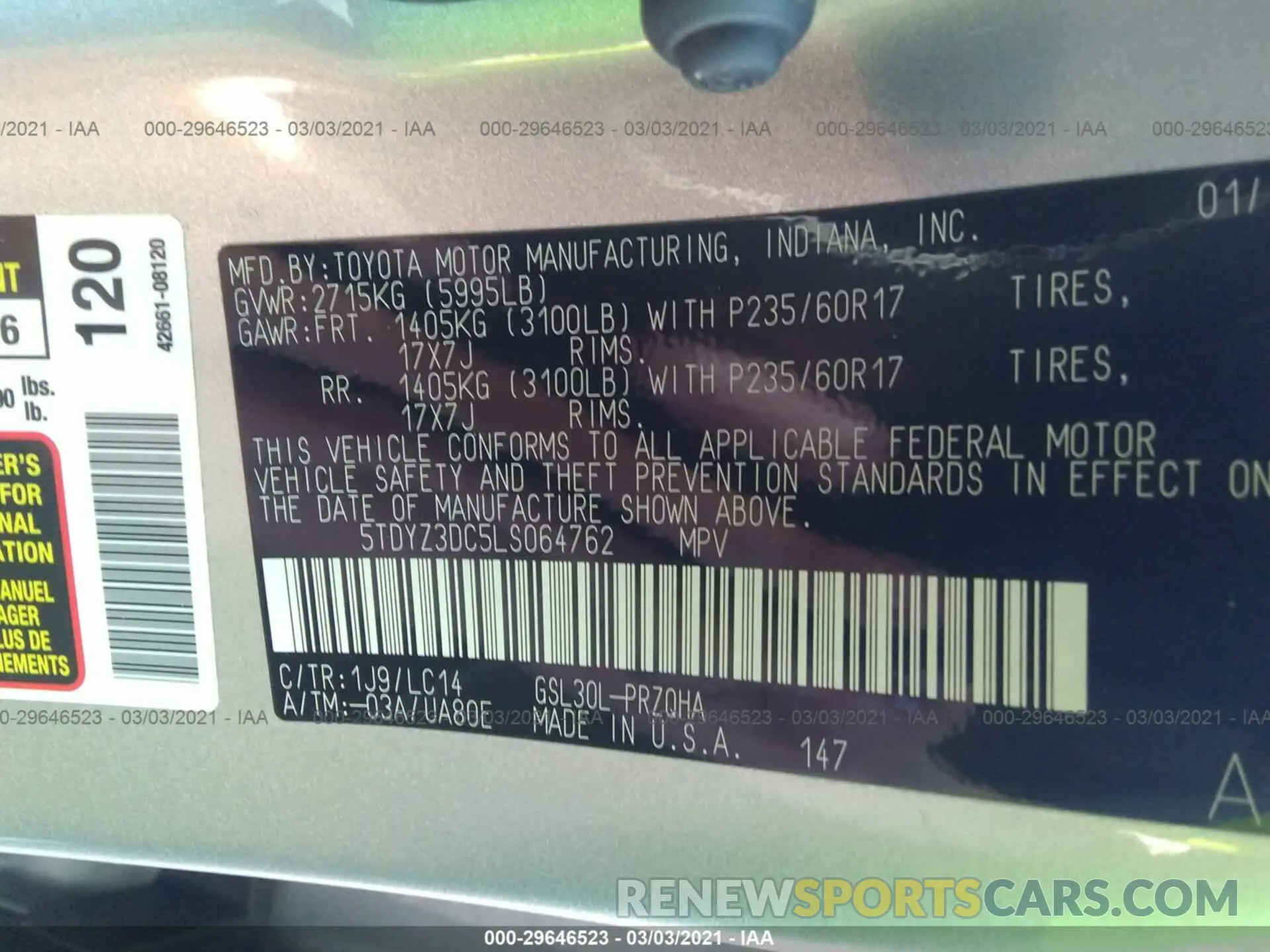 9 fotografías del automóvil dañado 5TDYZ3DC5LS064762 TOYOTA SIENNA 2020