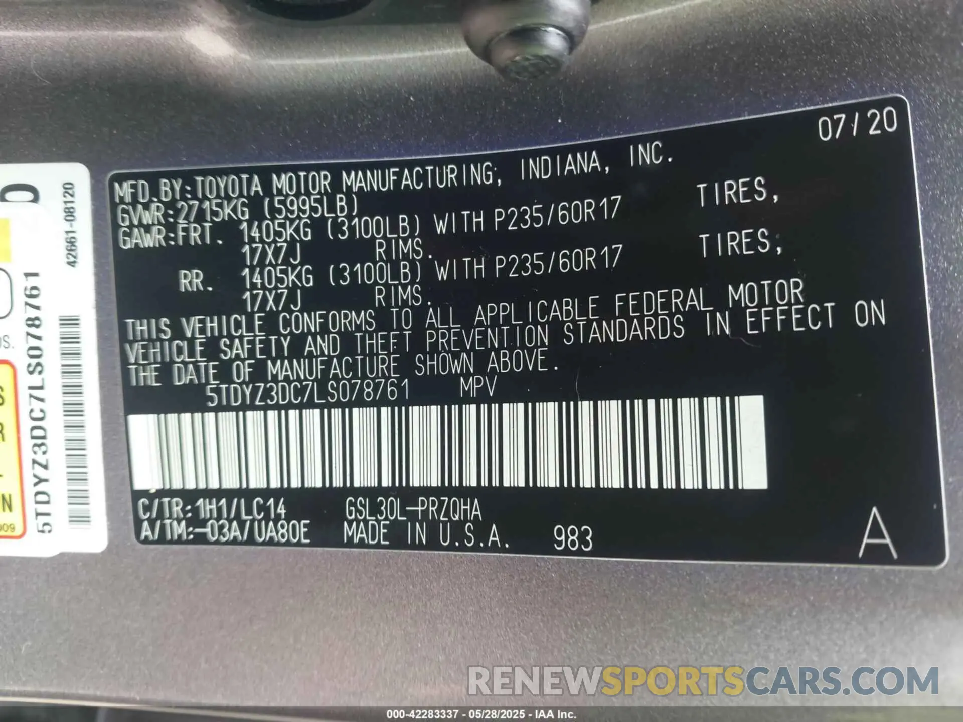 9 fotografías del automóvil dañado 5TDYZ3DC7LS078761 TOYOTA SIENNA 2020