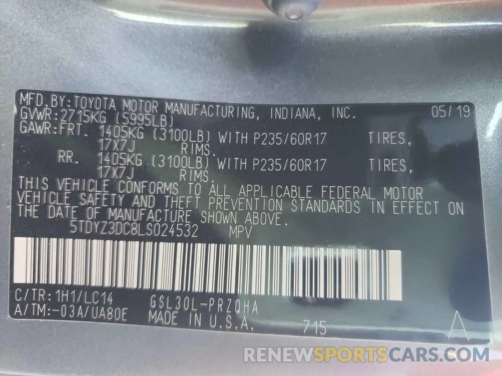 10 fotografías del automóvil dañado 5TDYZ3DC8LS024532 TOYOTA SIENNA 2020