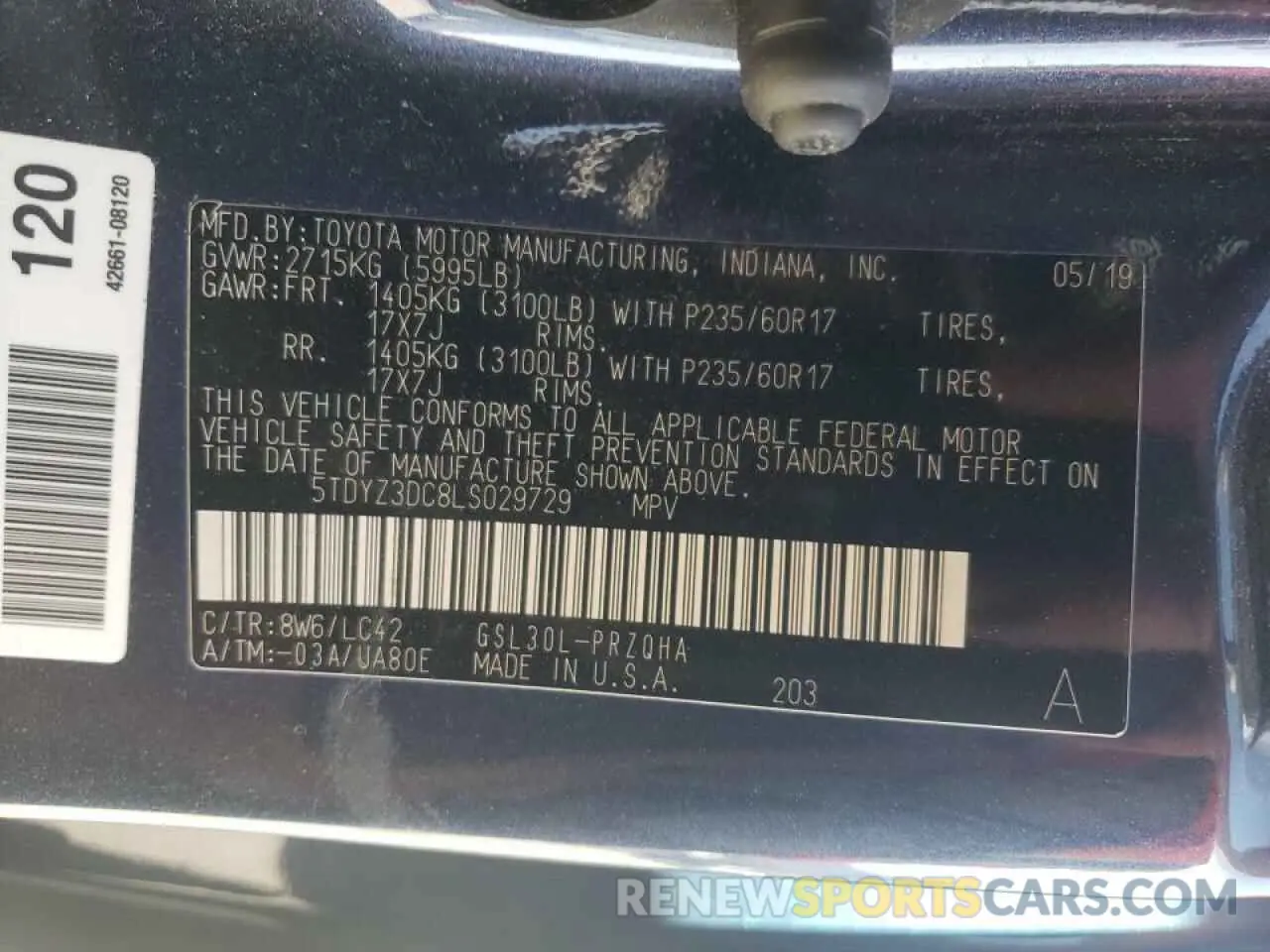 10 fotografías del automóvil dañado 5TDYZ3DC8LS029729 TOYOTA SIENNA 2020