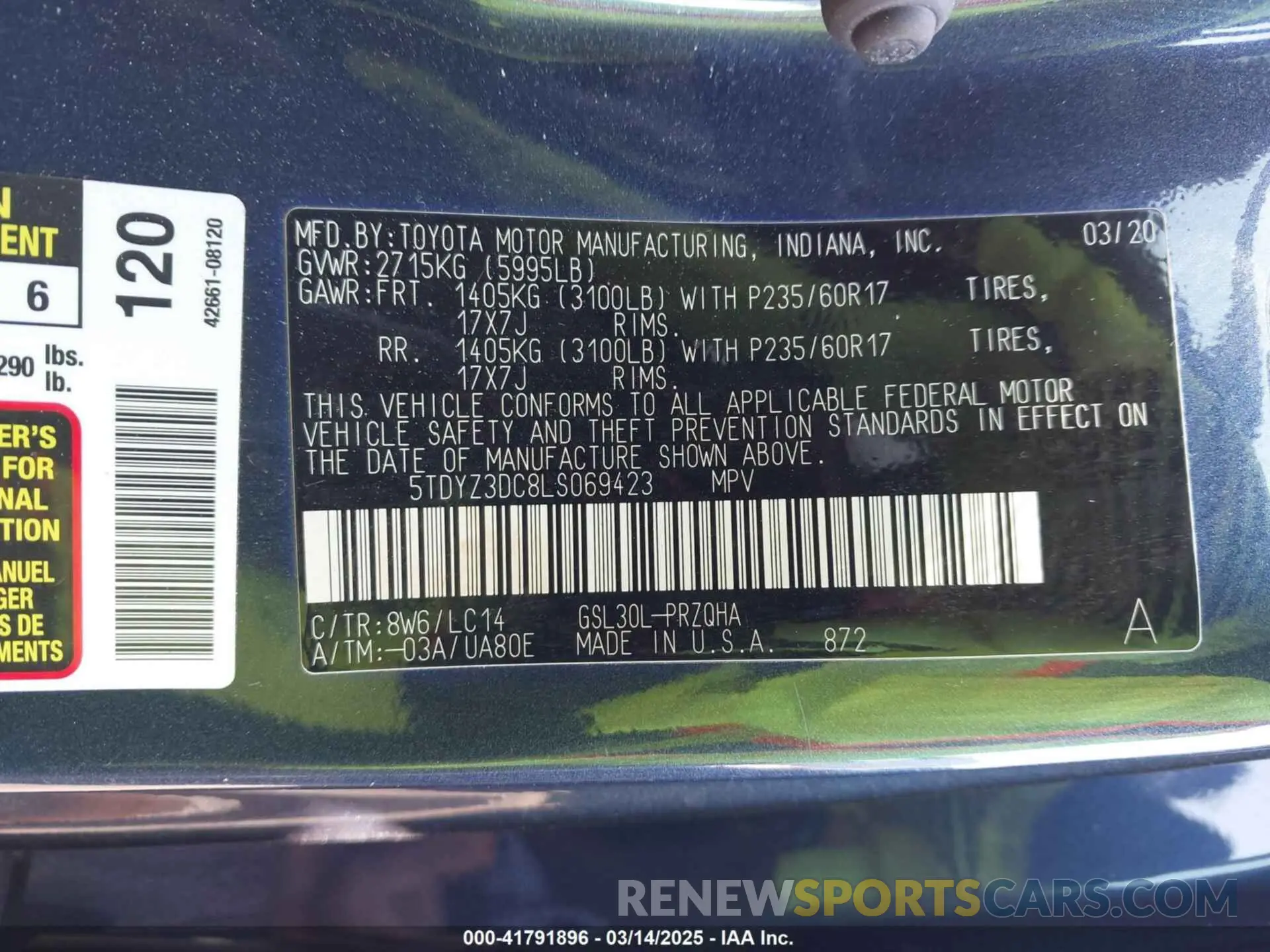 9 fotografías del automóvil dañado 5TDYZ3DC8LS069423 TOYOTA SIENNA 2020
