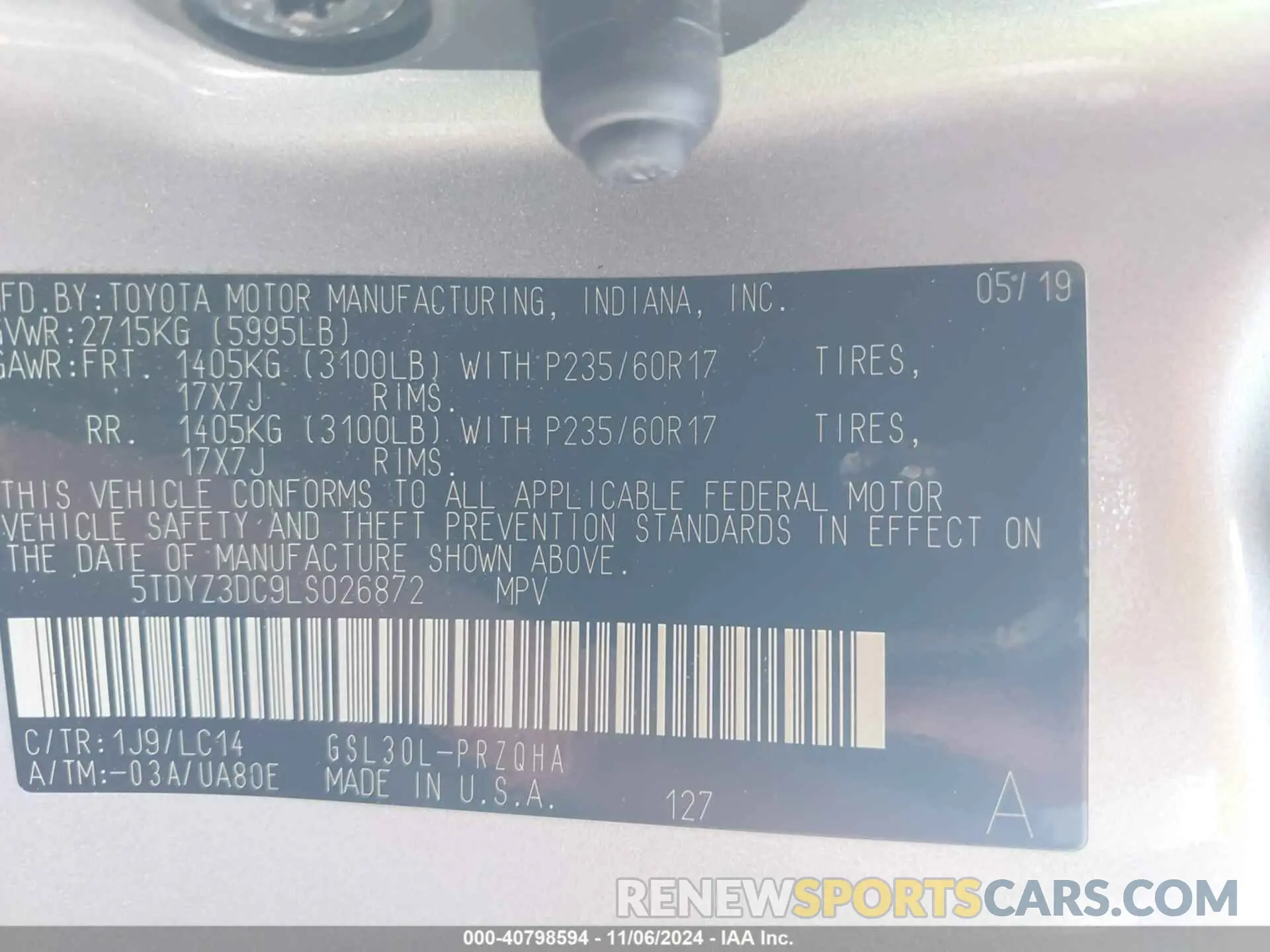 9 fotografías del automóvil dañado 5TDYZ3DC9LS026872 TOYOTA SIENNA 2020