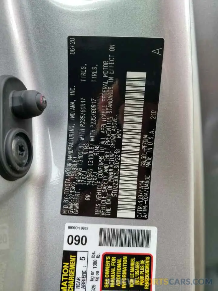 9 fotografías del automóvil dañado 5TDZZ3DC5LS072218 TOYOTA SIENNA 2020