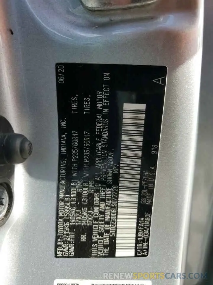 12 fotografías del automóvil dañado 5TDZZ3DC6LS072728 TOYOTA SIENNA 2020