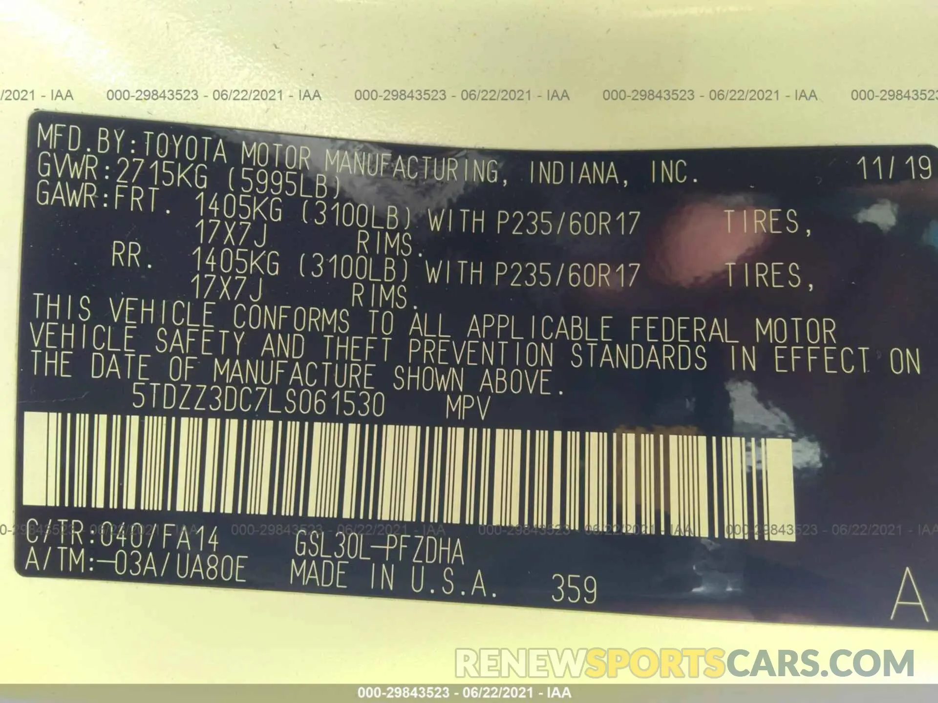 9 fotografías del automóvil dañado 5TDZZ3DC7LS061530 TOYOTA SIENNA 2020