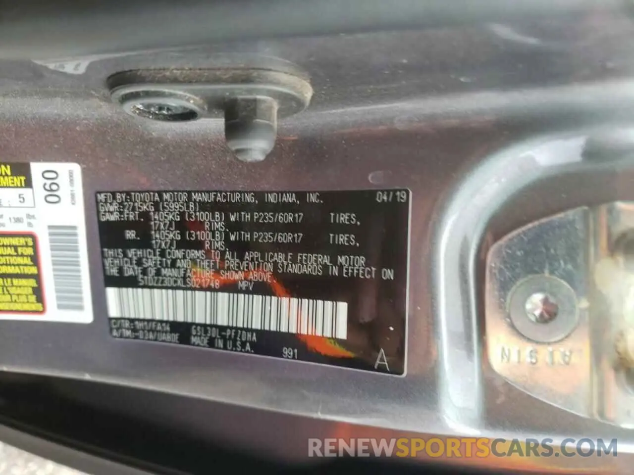 10 fotografías del automóvil dañado 5TDZZ3DCXLS021748 TOYOTA SIENNA 2020