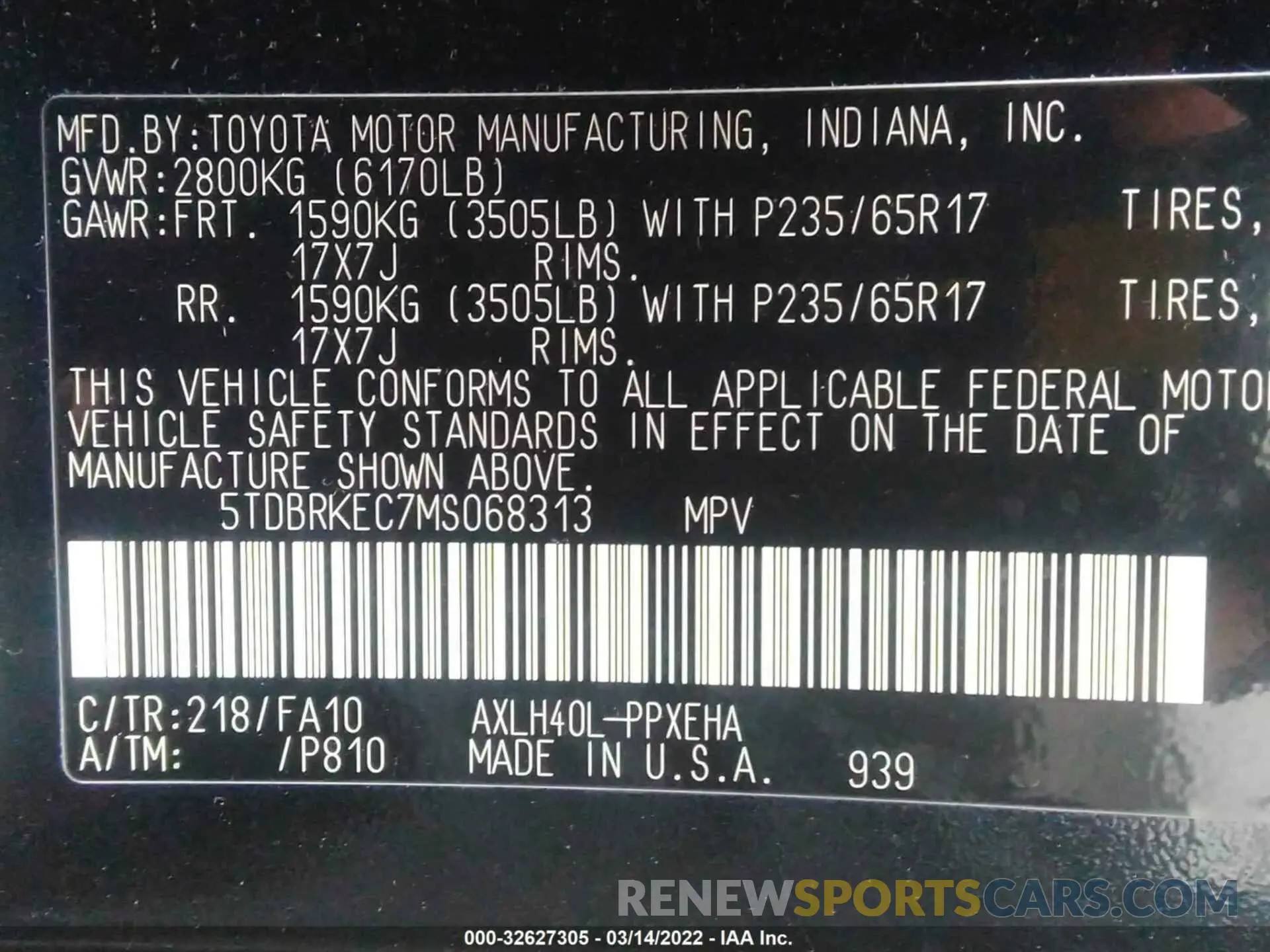9 fotografías del automóvil dañado 5TDBRKEC7MS068313 TOYOTA SIENNA 2021