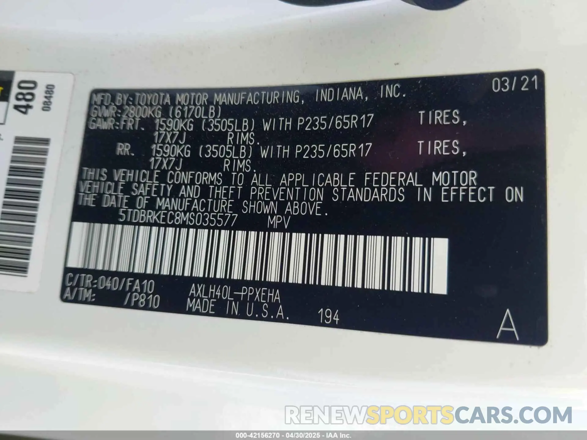 9 fotografías del automóvil dañado 5TDBRKEC8MS035577 TOYOTA SIENNA 2021