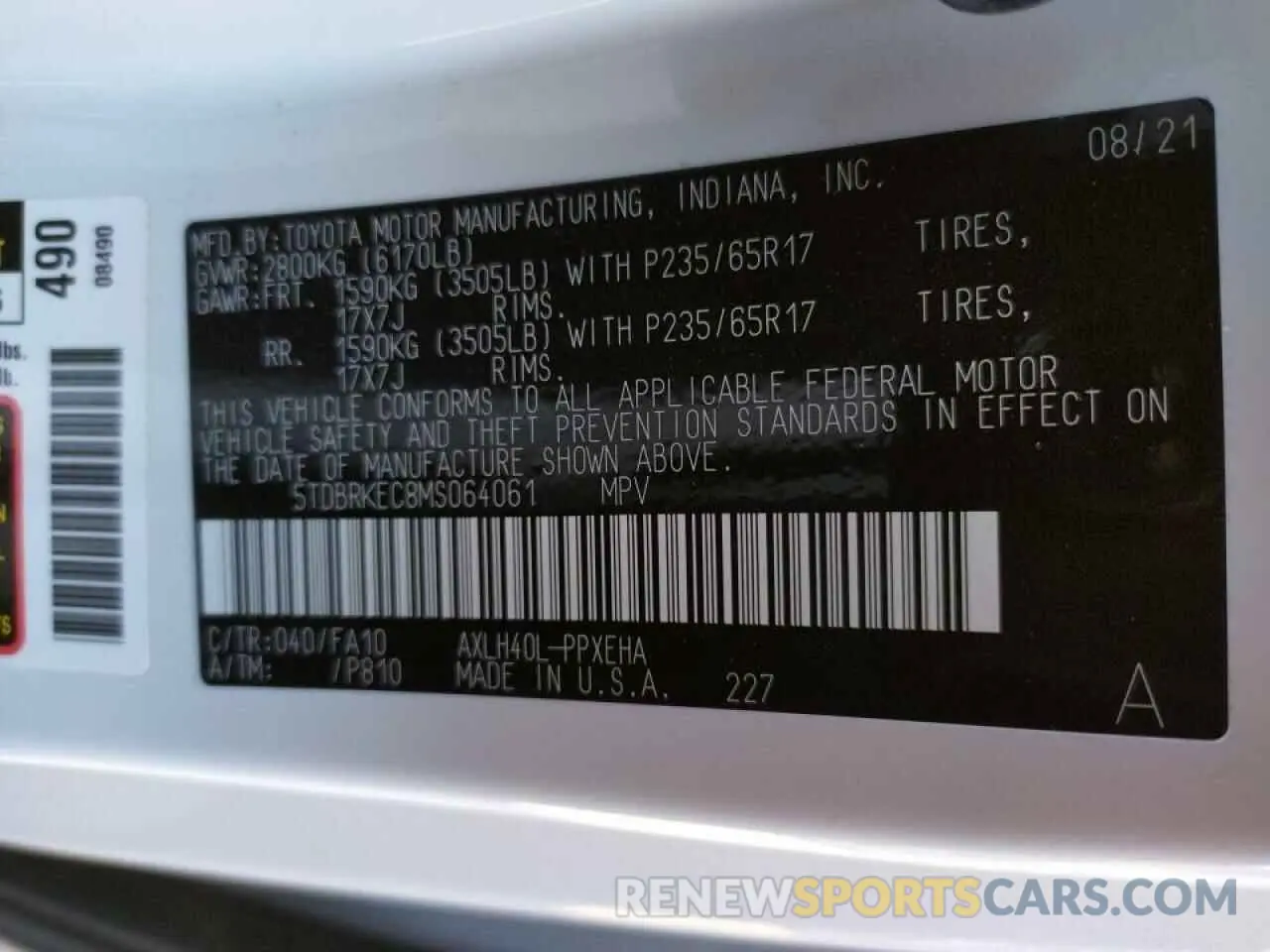 10 fotografías del automóvil dañado 5TDBRKEC8MS064061 TOYOTA SIENNA 2021