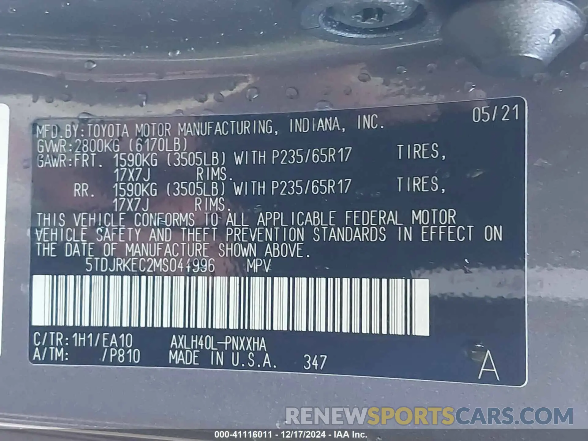 9 fotografías del automóvil dañado 5TDJRKEC2MS044996 TOYOTA SIENNA 2021