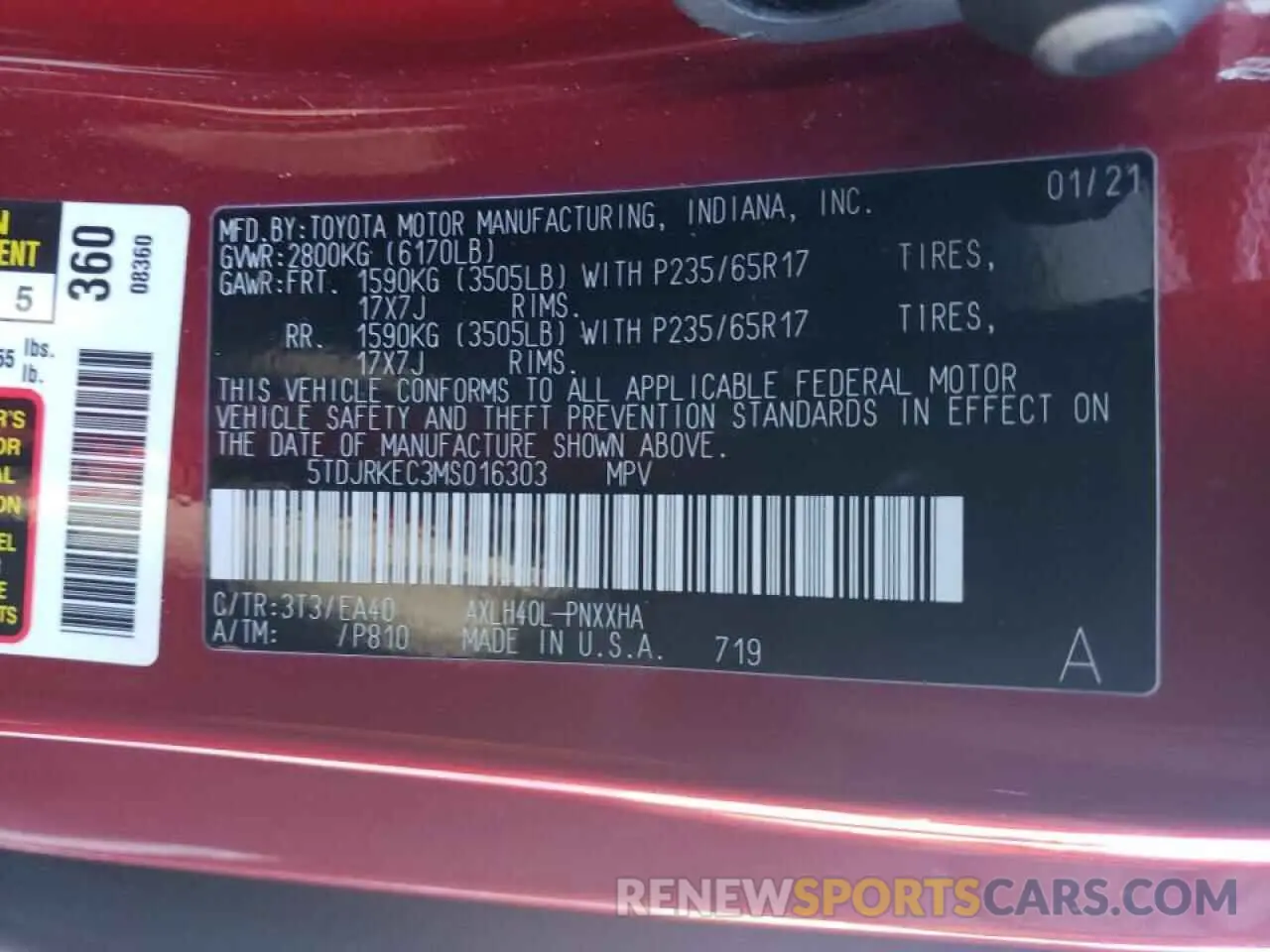 12 fotografías del automóvil dañado 5TDJRKEC3MS016303 TOYOTA SIENNA 2021
