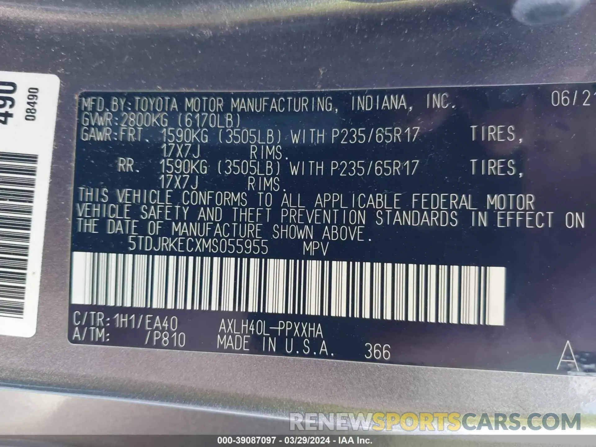 9 fotografías del automóvil dañado 5TDJRKECXMS055955 TOYOTA SIENNA 2021