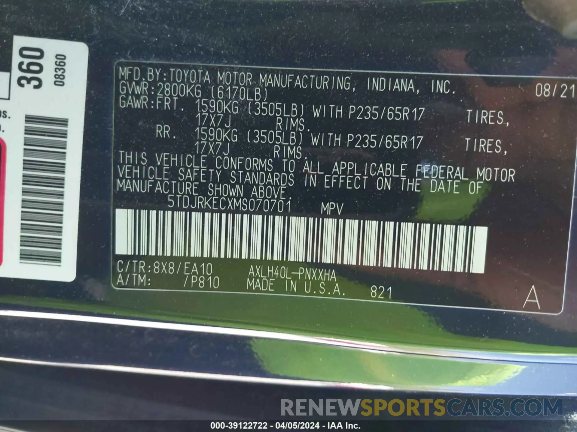 9 fotografías del automóvil dañado 5TDJRKECXMS070701 TOYOTA SIENNA 2021