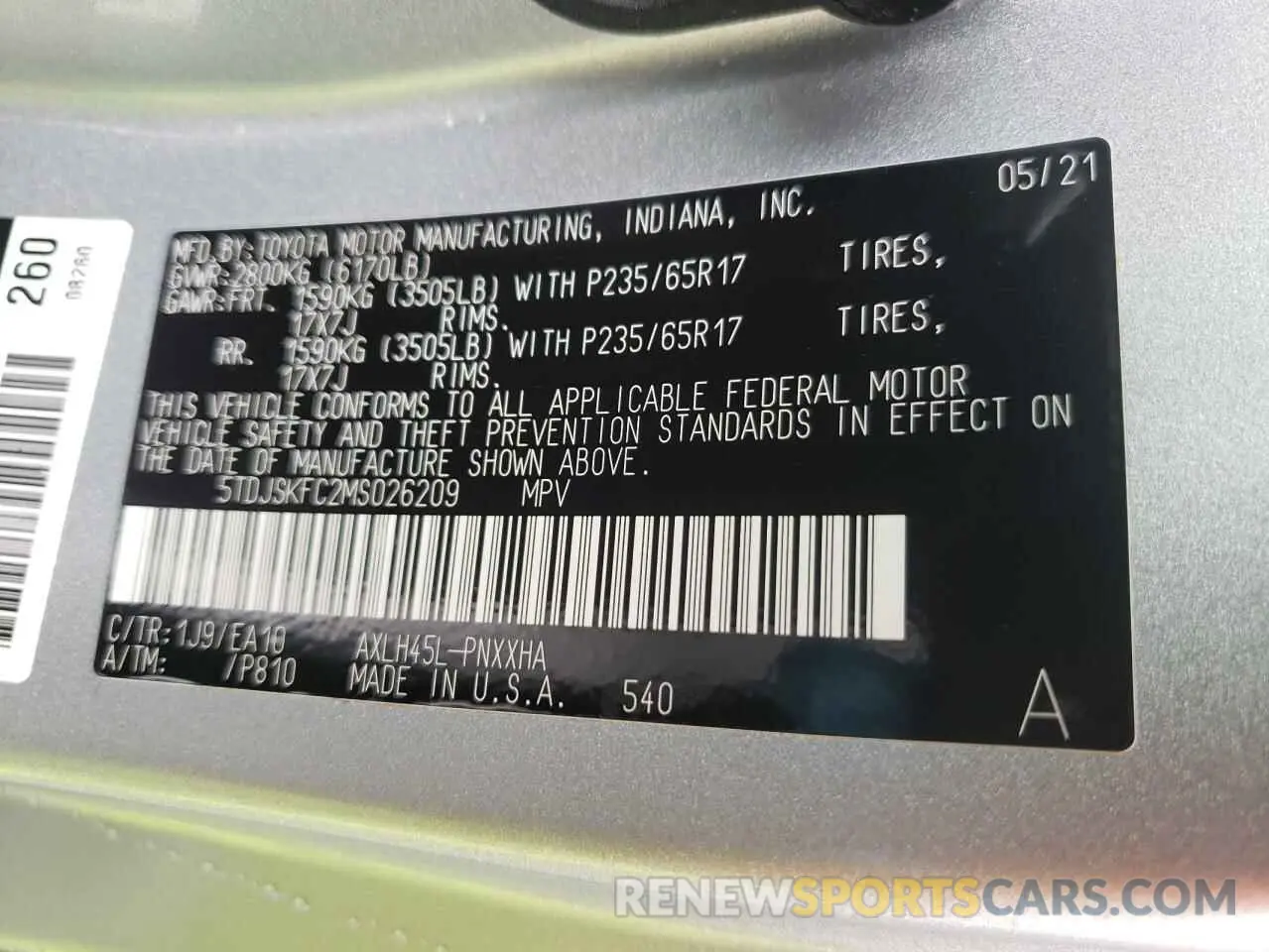 10 fotografías del automóvil dañado 5TDJSKFC2MS026209 TOYOTA SIENNA 2021