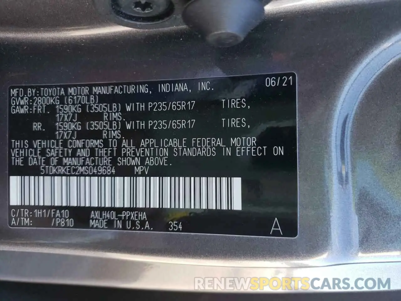 10 fotografías del automóvil dañado 5TDKRKEC2MS049684 TOYOTA SIENNA 2021