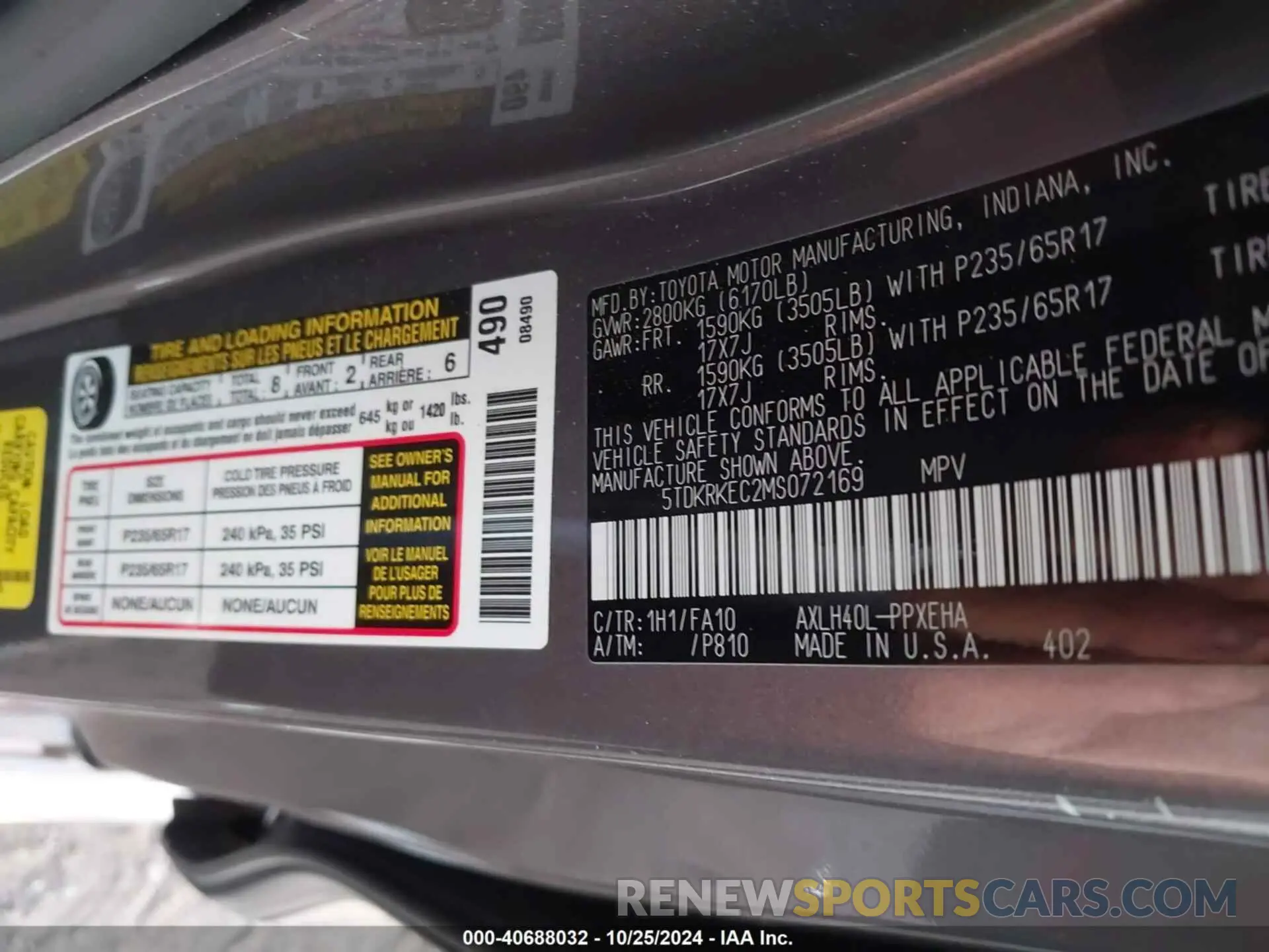 9 fotografías del automóvil dañado 5TDKRKEC2MS072169 TOYOTA SIENNA 2021