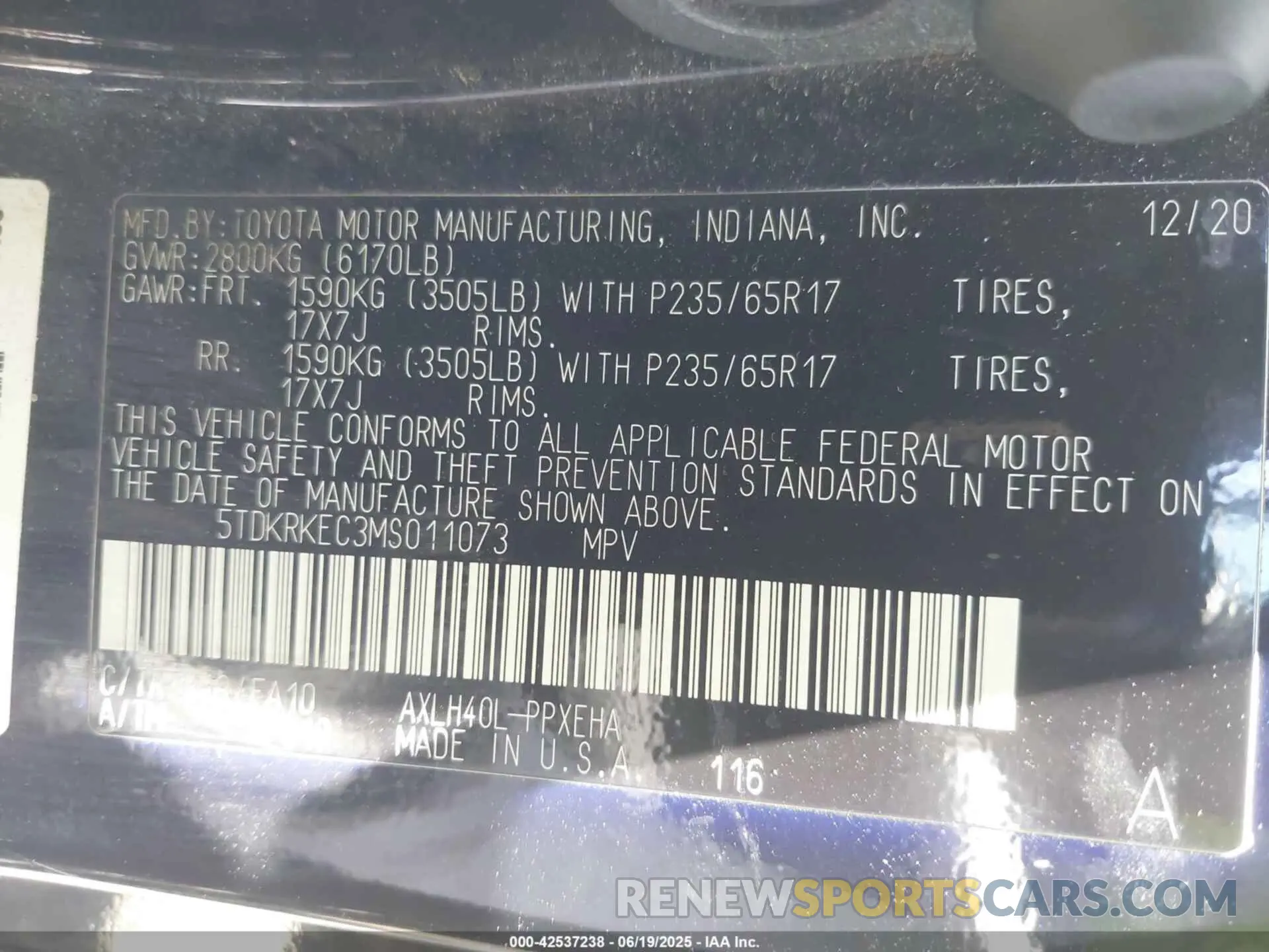 9 fotografías del automóvil dañado 5TDKRKEC3MS011073 TOYOTA SIENNA 2021