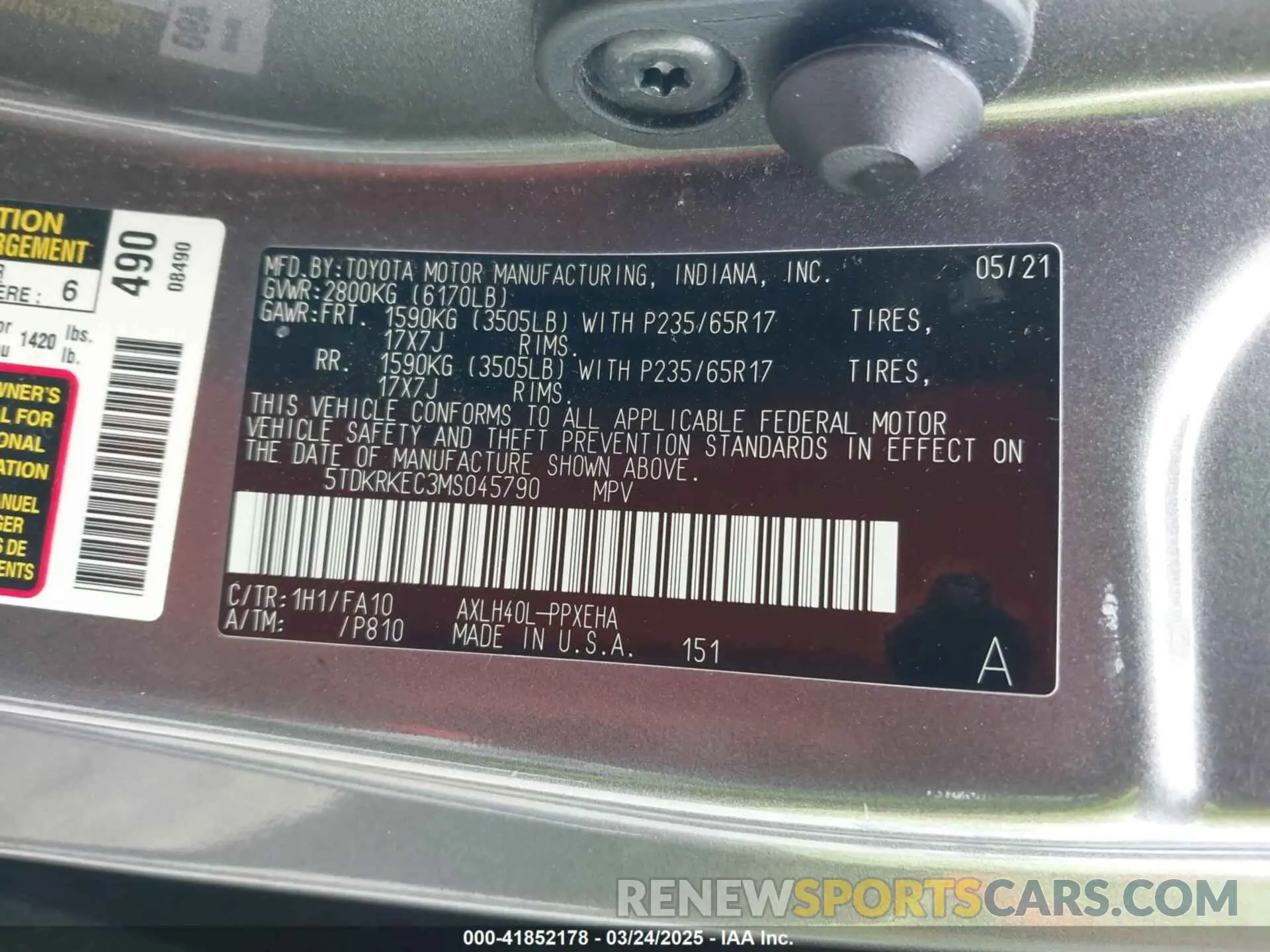 9 fotografías del automóvil dañado 5TDKRKEC3MS045790 TOYOTA SIENNA 2021
