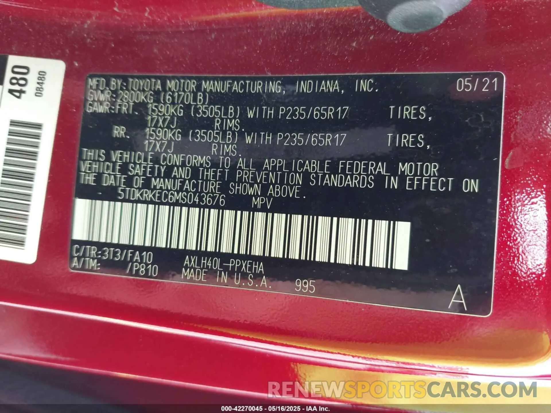 9 fotografías del automóvil dañado 5TDKRKEC6MS043676 TOYOTA SIENNA 2021