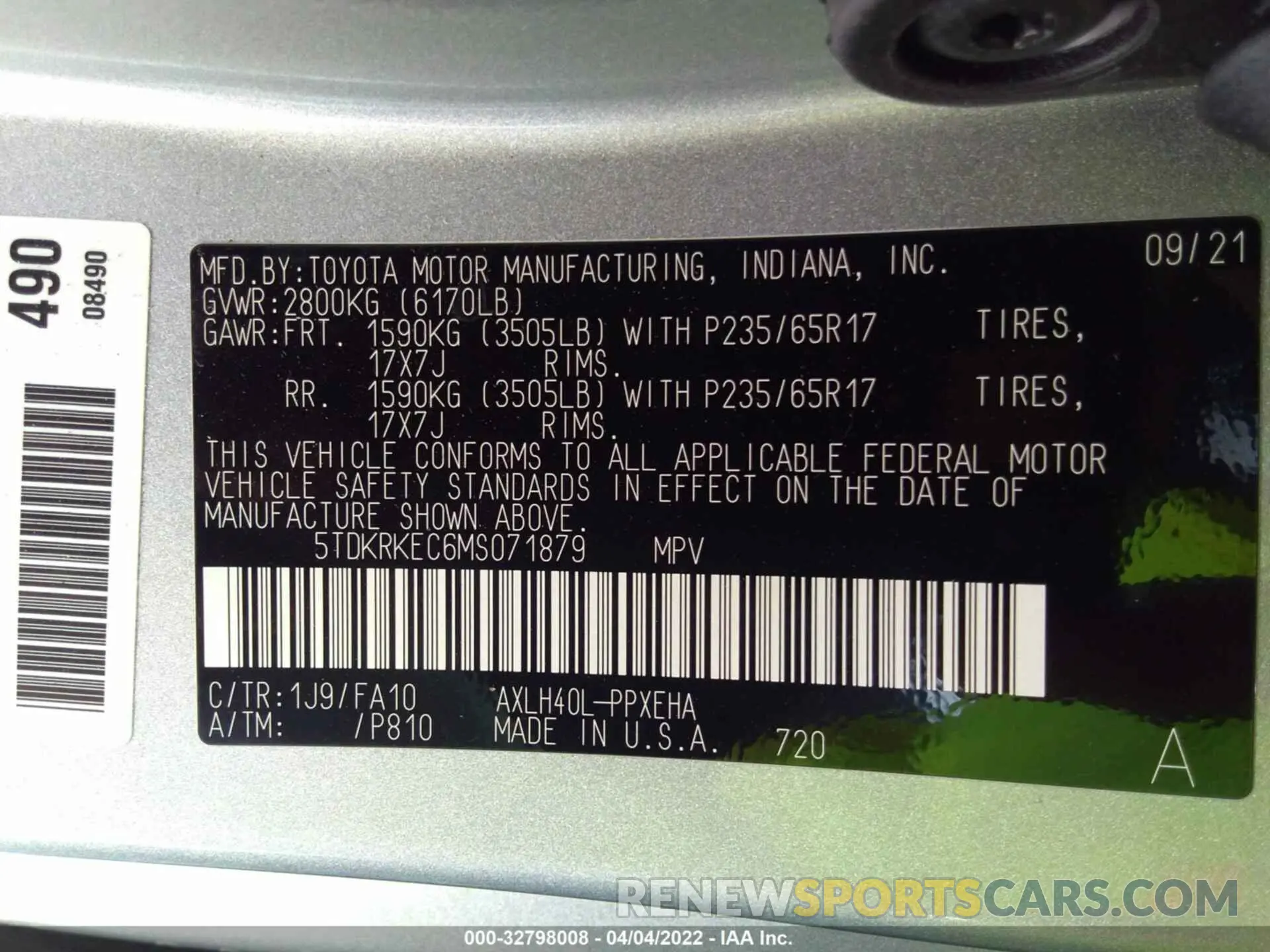 9 fotografías del automóvil dañado 5TDKRKEC6MS071879 TOYOTA SIENNA 2021