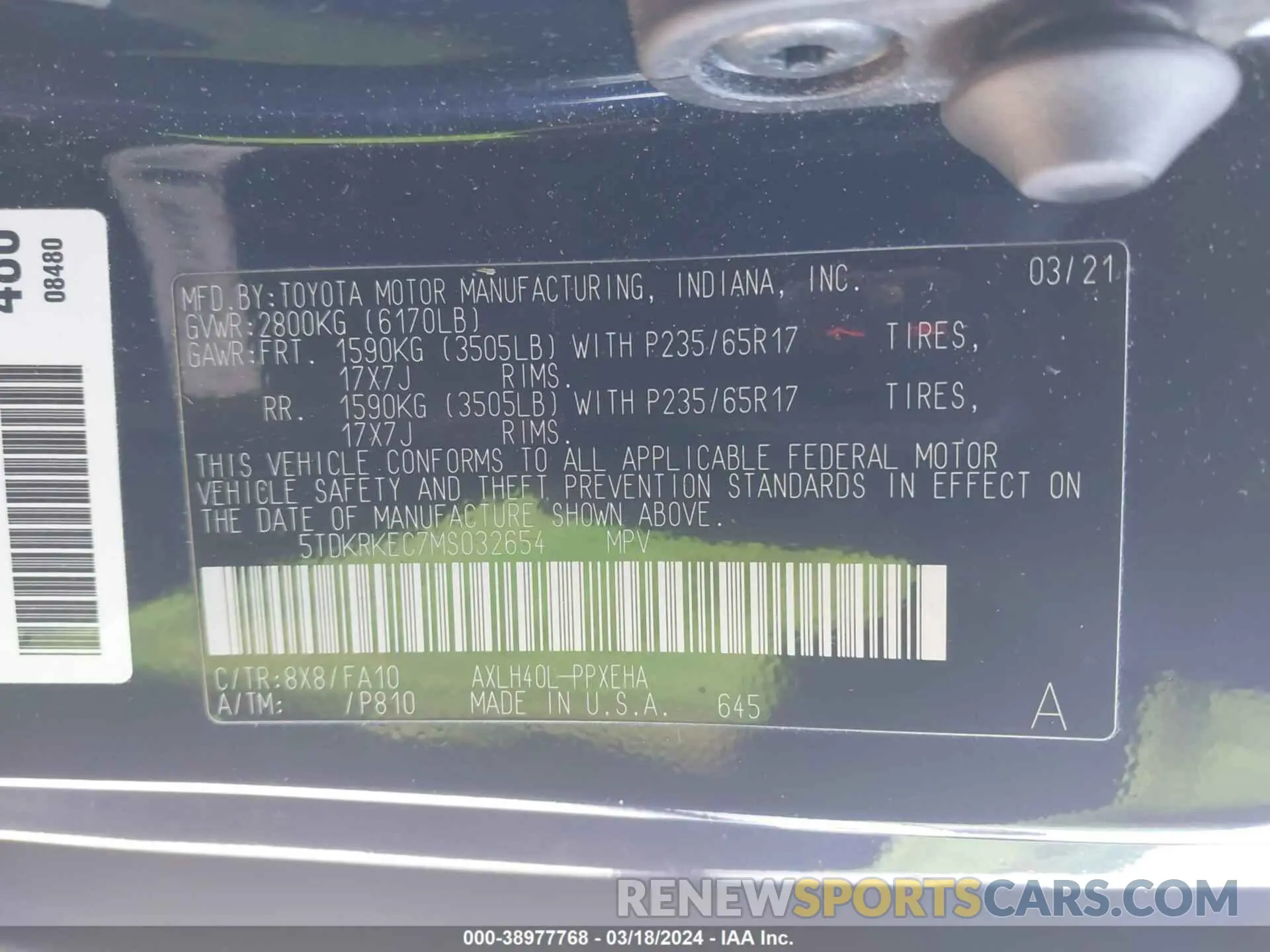 9 fotografías del automóvil dañado 5TDKRKEC7MS032654 TOYOTA SIENNA 2021