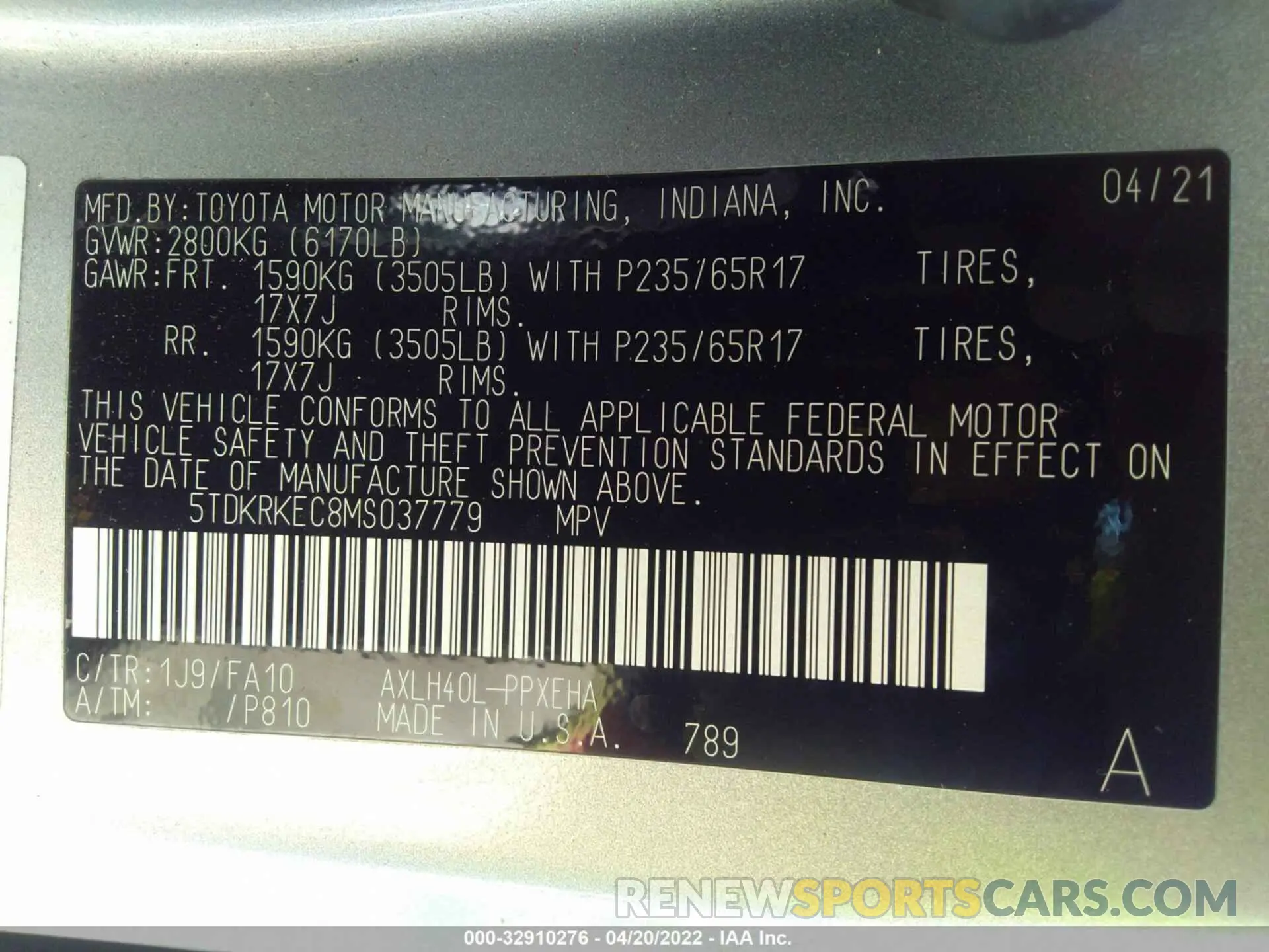 9 fotografías del automóvil dañado 5TDKRKEC8MS037779 TOYOTA SIENNA 2021