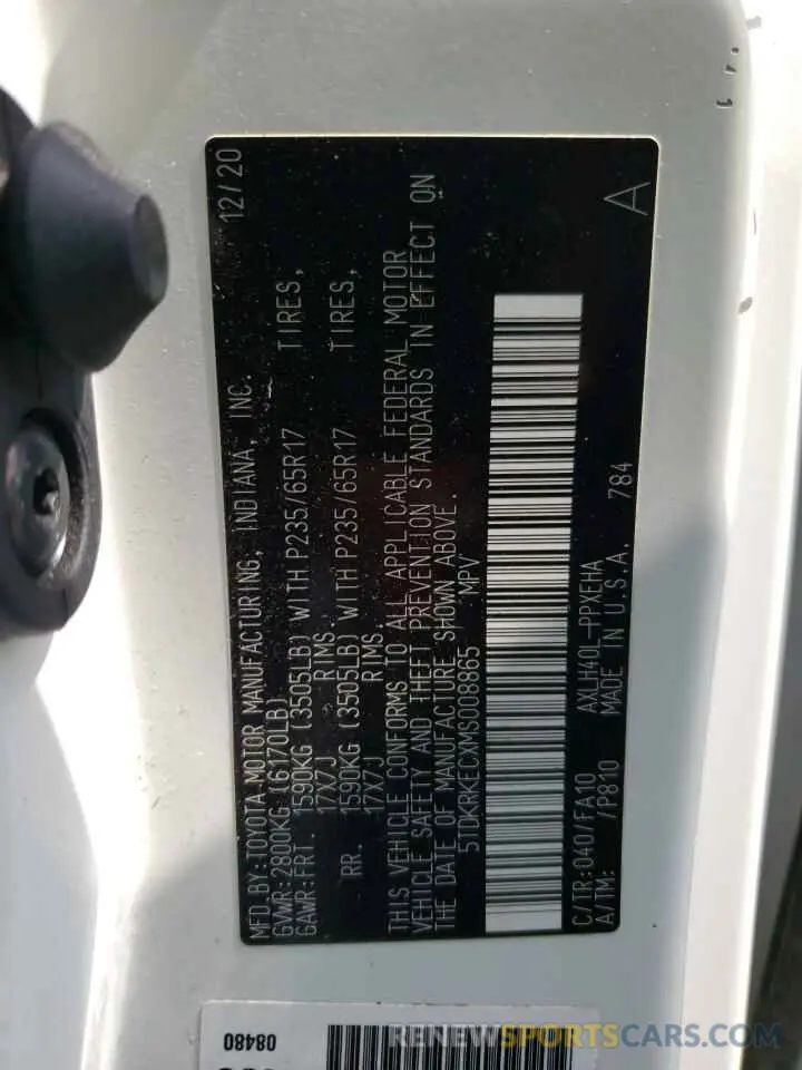 10 fotografías del automóvil dañado 5TDKRKECXMS008865 TOYOTA SIENNA 2021