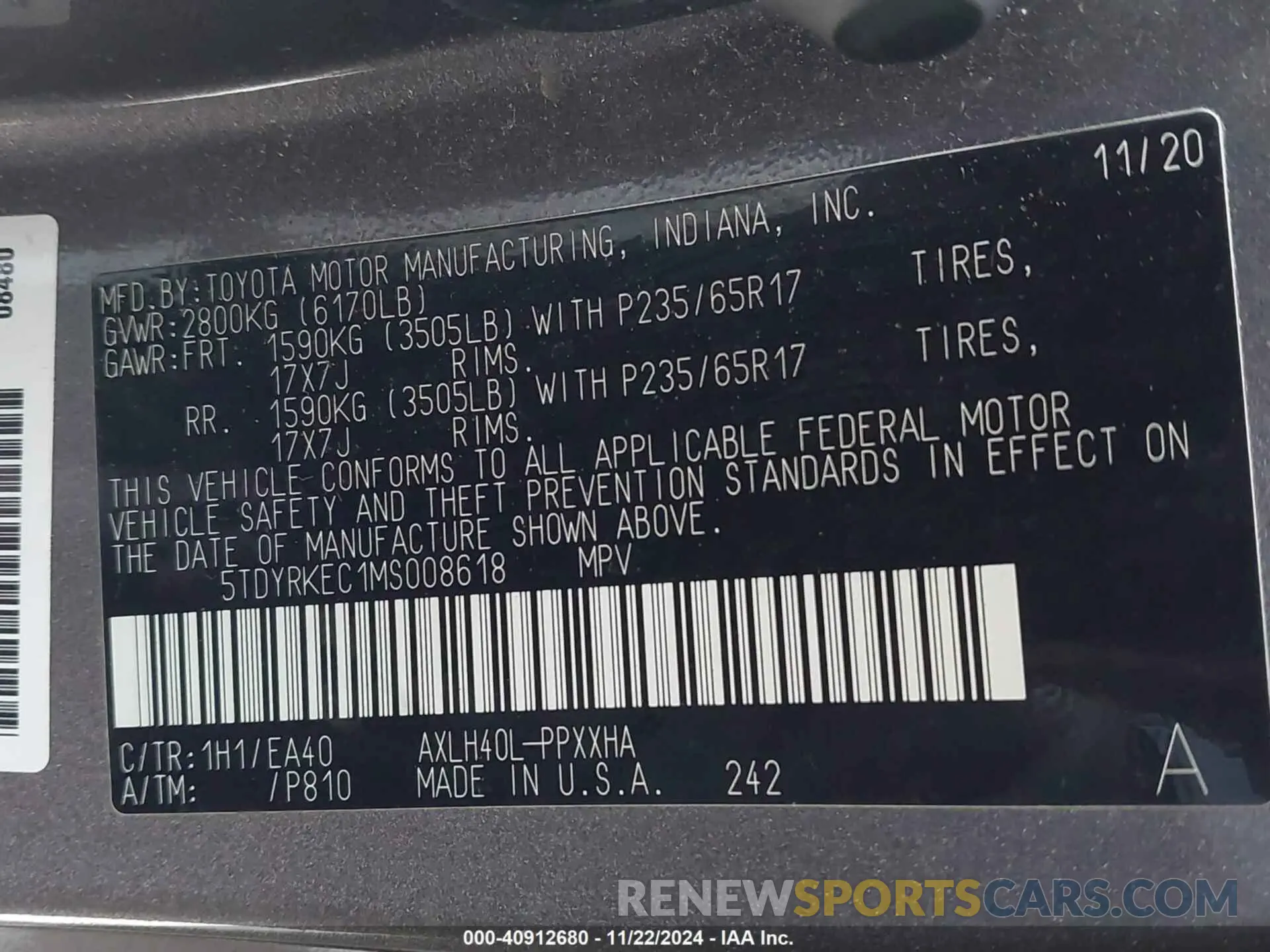9 fotografías del automóvil dañado 5TDYRKEC1MS008618 TOYOTA SIENNA 2021