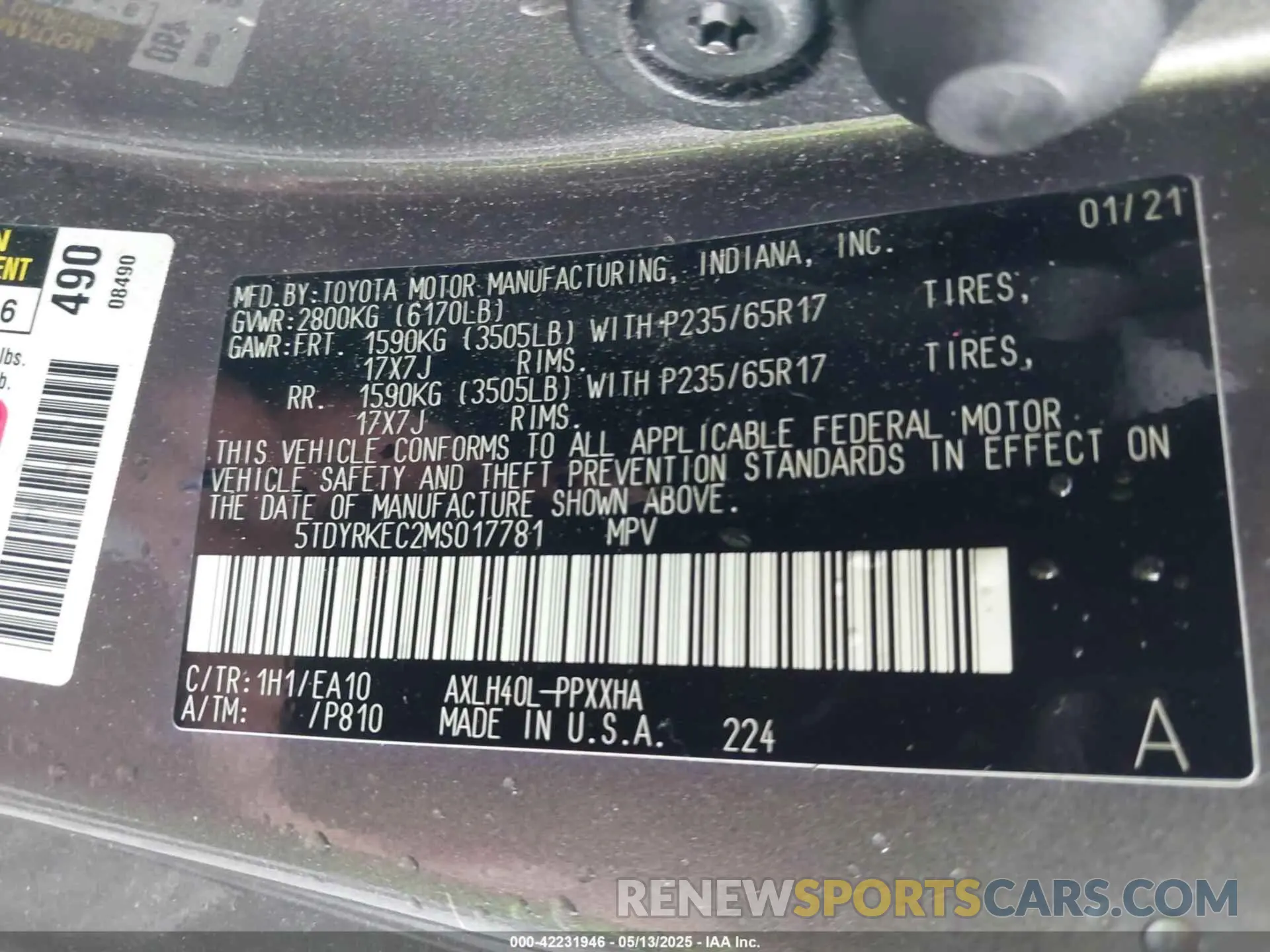 9 fotografías del automóvil dañado 5TDYRKEC2MS017781 TOYOTA SIENNA 2021