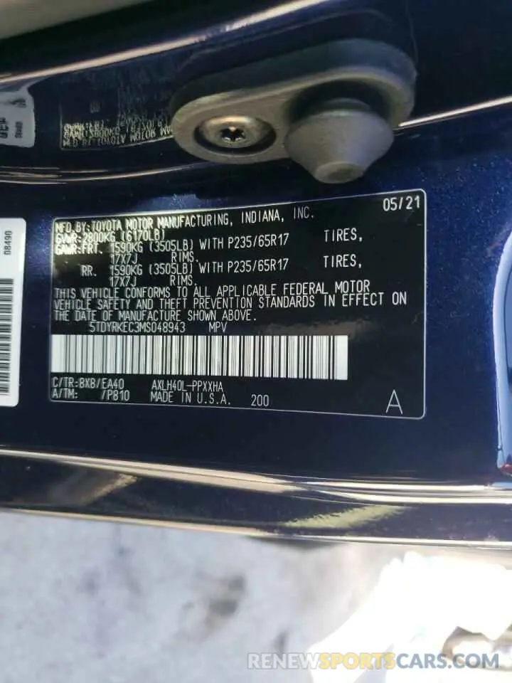 10 fotografías del automóvil dañado 5TDYRKEC3MS048943 TOYOTA SIENNA 2021