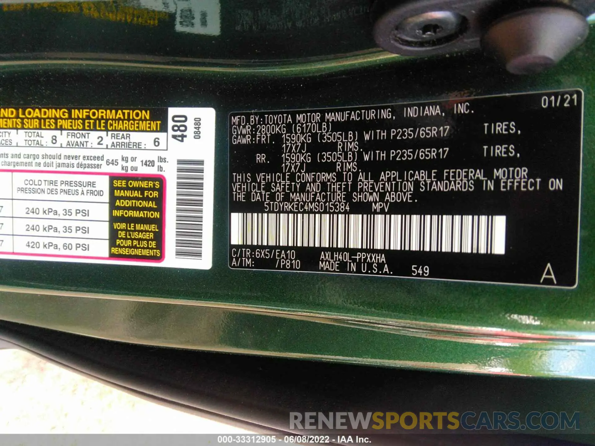 9 fotografías del automóvil dañado 5TDYRKEC4MS015384 TOYOTA SIENNA 2021