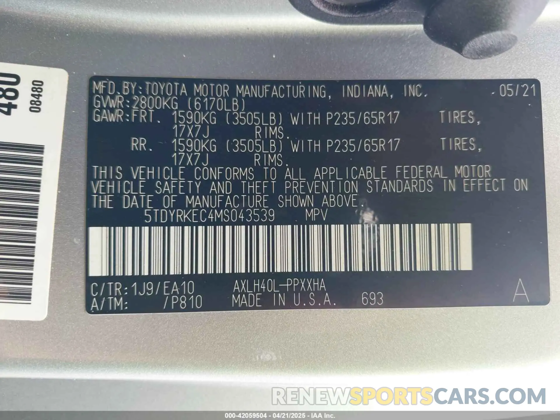 9 fotografías del automóvil dañado 5TDYRKEC4MS043539 TOYOTA SIENNA 2021