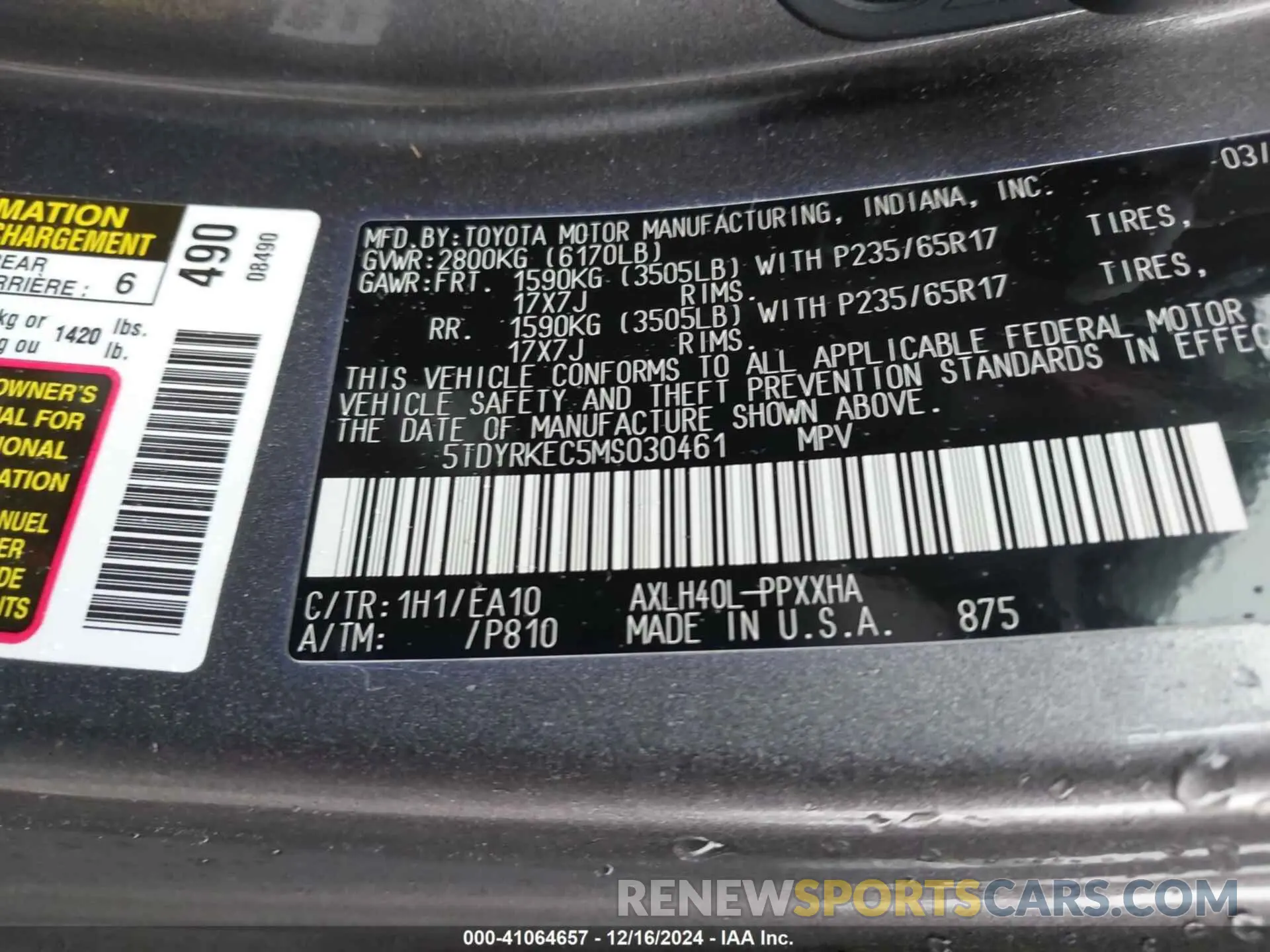 9 fotografías del automóvil dañado 5TDYRKEC5MS030461 TOYOTA SIENNA 2021