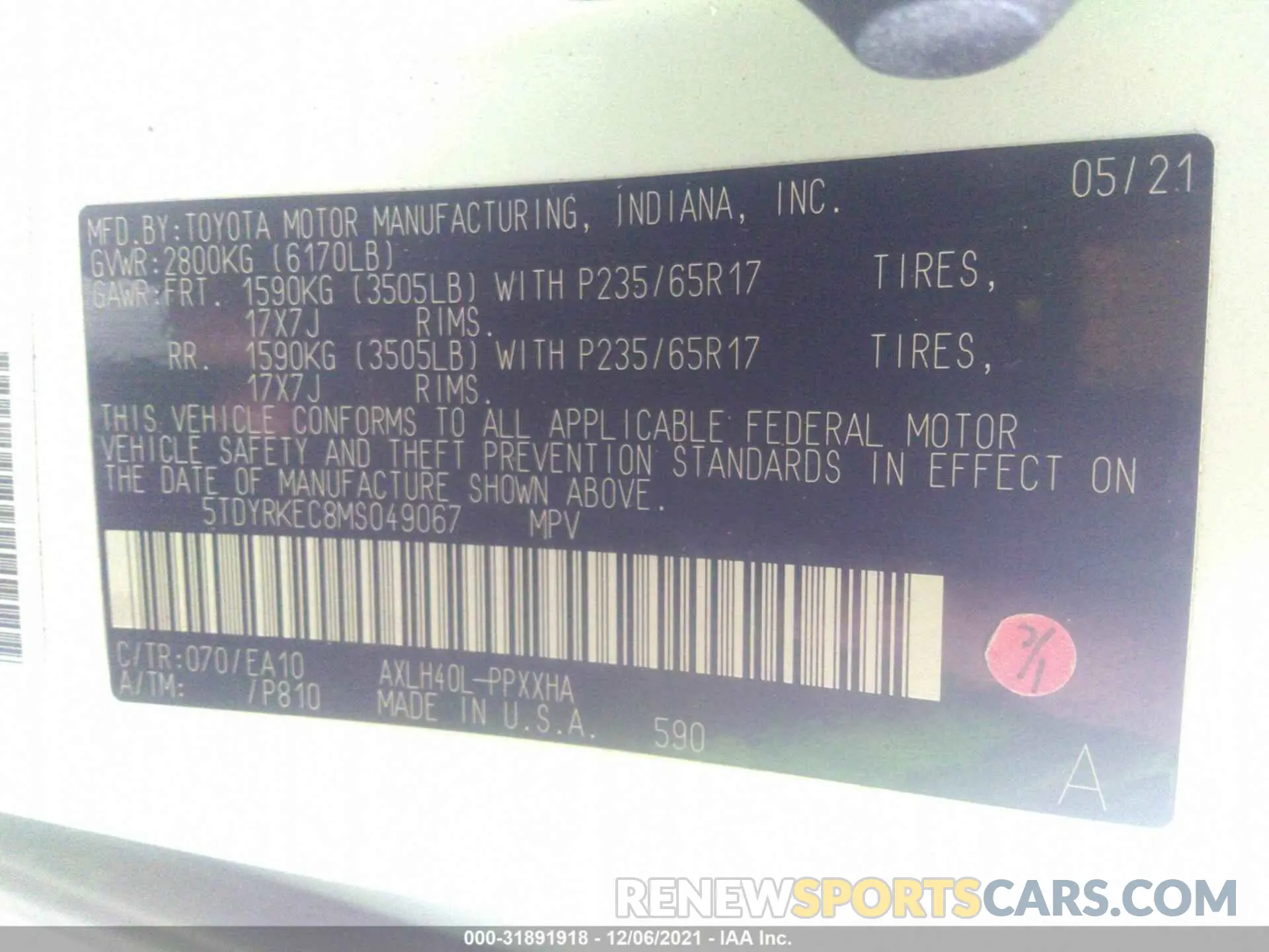 9 fotografías del automóvil dañado 5TDYRKEC8MS049067 TOYOTA SIENNA 2021