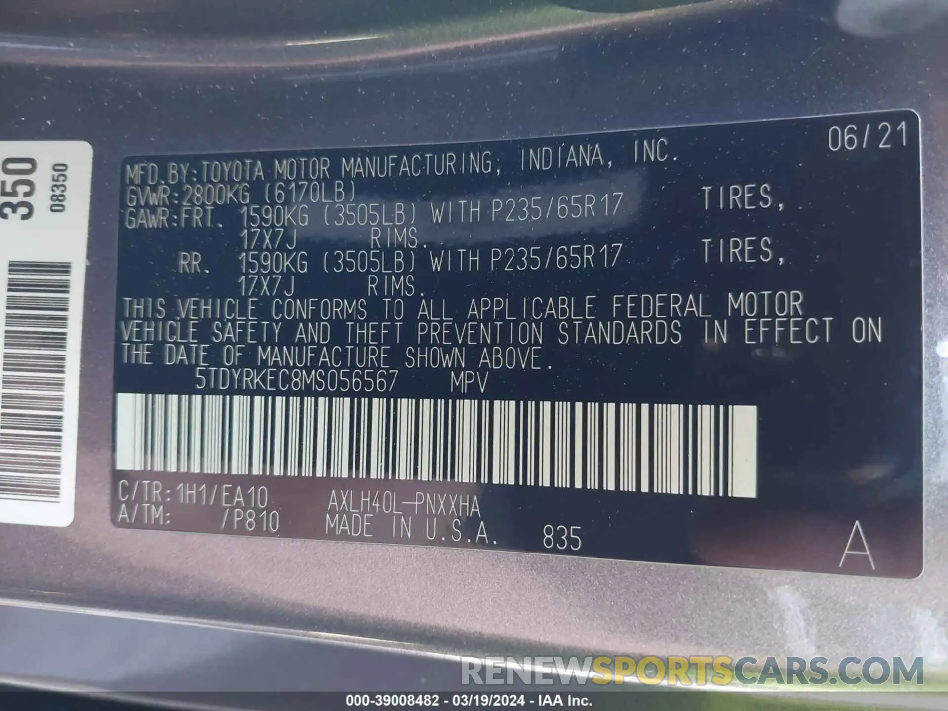 9 fotografías del automóvil dañado 5TDYRKEC8MS056567 TOYOTA SIENNA 2021