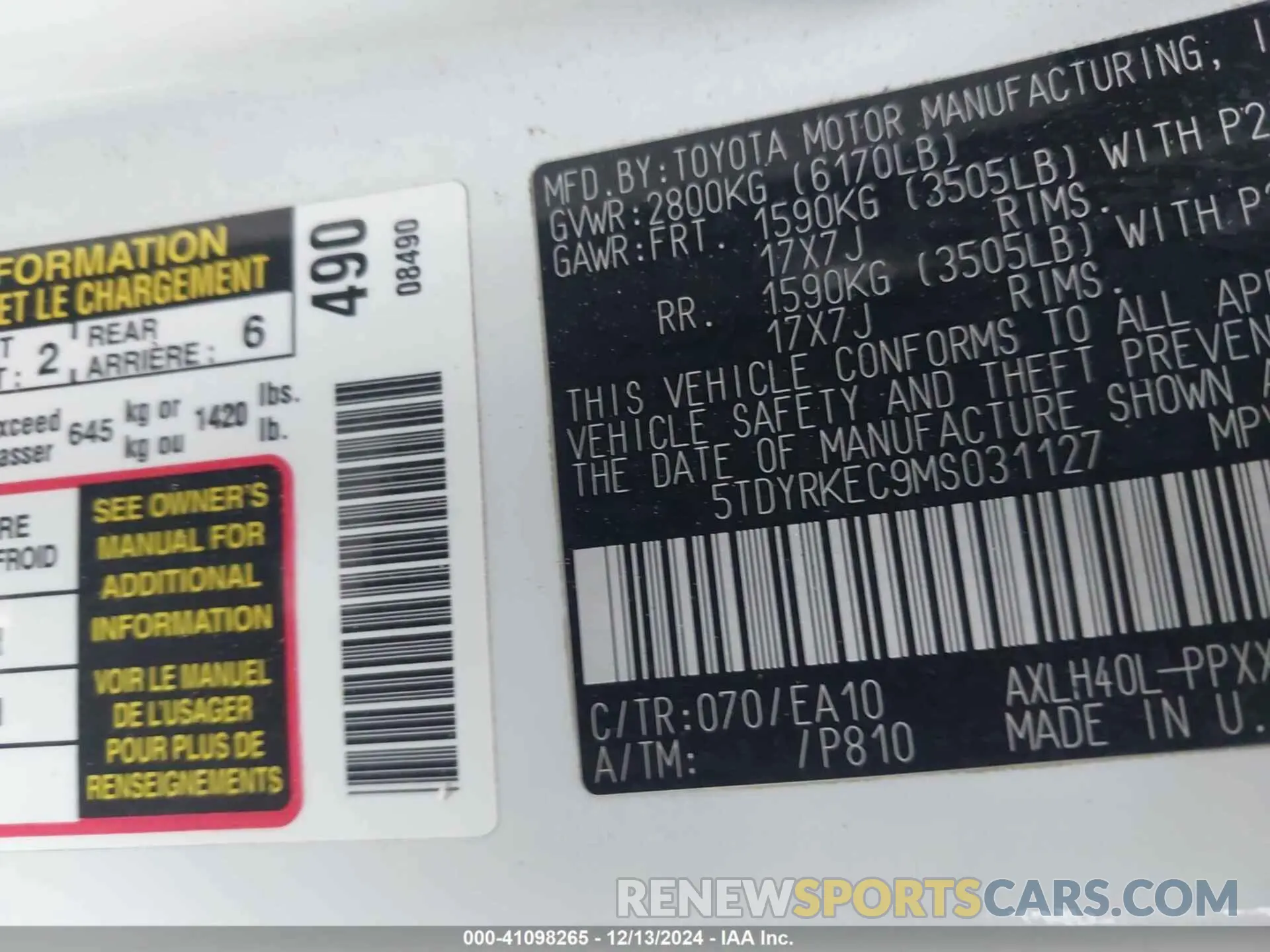9 fotografías del automóvil dañado 5TDYRKEC9MS031127 TOYOTA SIENNA 2021