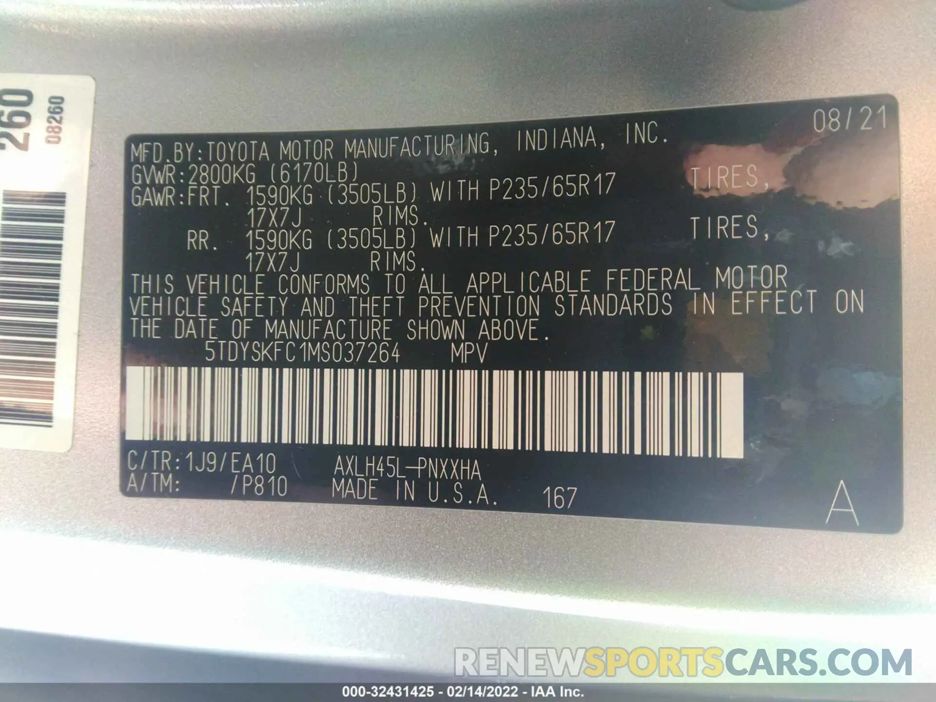 9 fotografías del automóvil dañado 5TDYSKFC1MS037264 TOYOTA SIENNA 2021