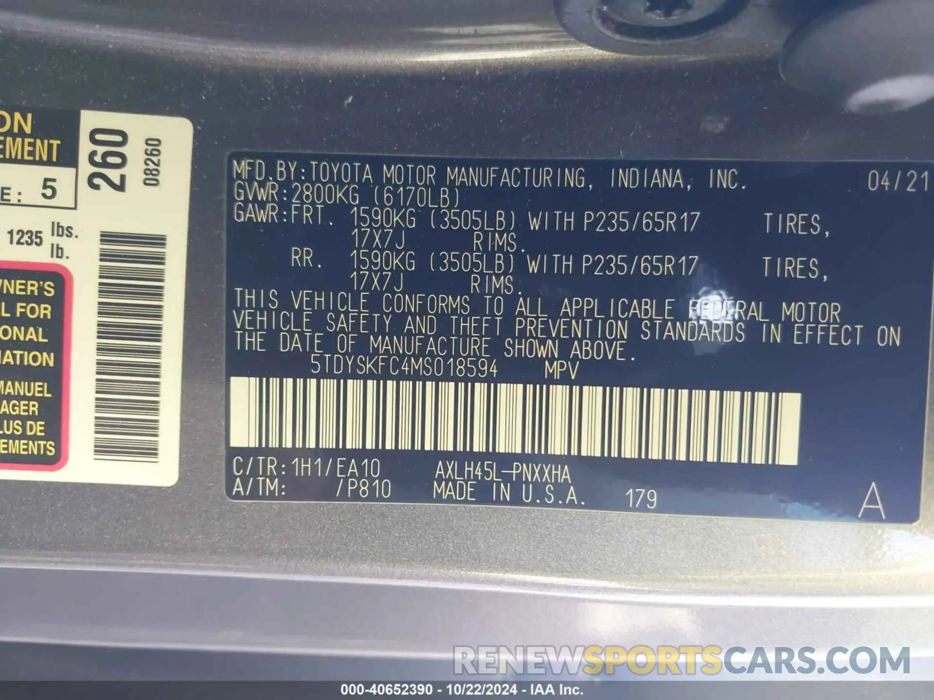 9 fotografías del automóvil dañado 5TDYSKFC4MS018594 TOYOTA SIENNA 2021