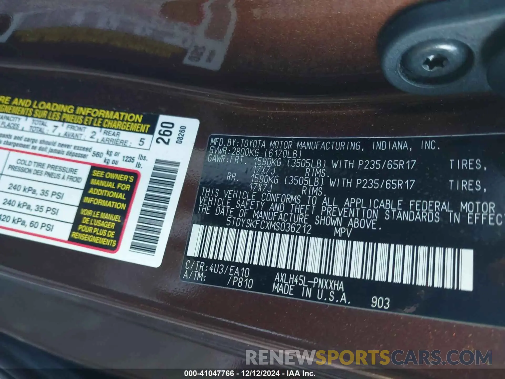 9 fotografías del automóvil dañado 5TDYSKFCXMS036212 TOYOTA SIENNA 2021