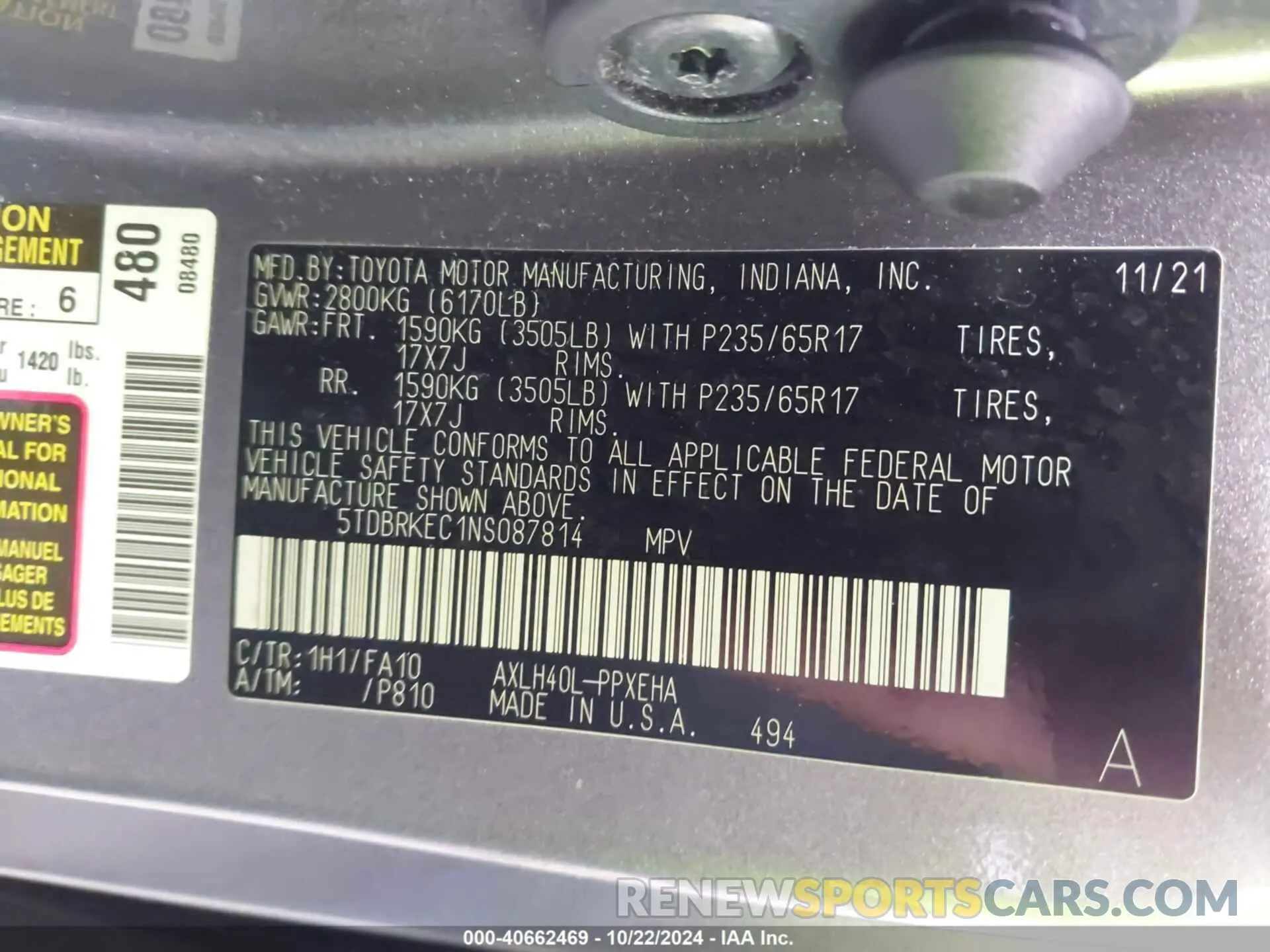 9 fotografías del automóvil dañado 5TDBRKEC1NS087814 TOYOTA SIENNA 2022