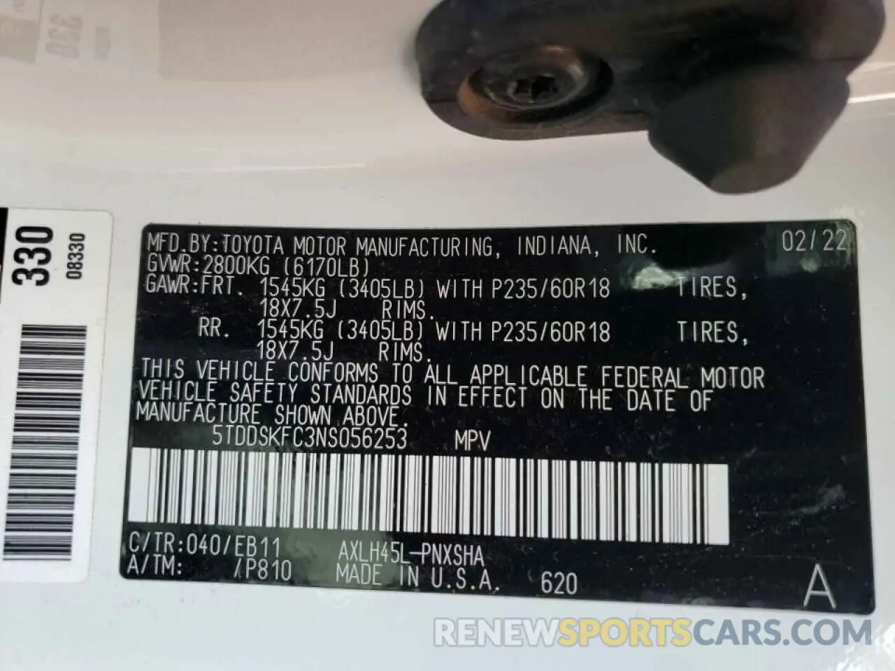 10 fotografías del automóvil dañado 5TDDSKFC3NS056253 TOYOTA SIENNA 2022