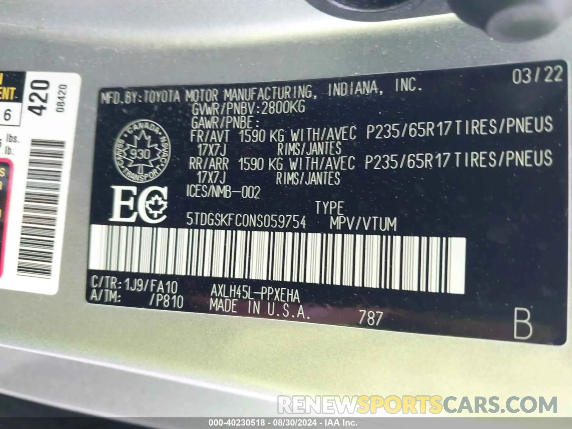 9 fotografías del automóvil dañado 5TDGSKFC0NS059754 TOYOTA SIENNA 2022