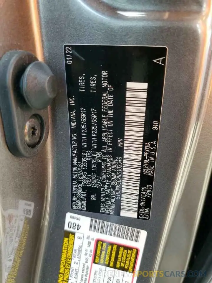 10 fotografías del automóvil dañado 5TDJRKEC2NS103546 TOYOTA SIENNA 2022