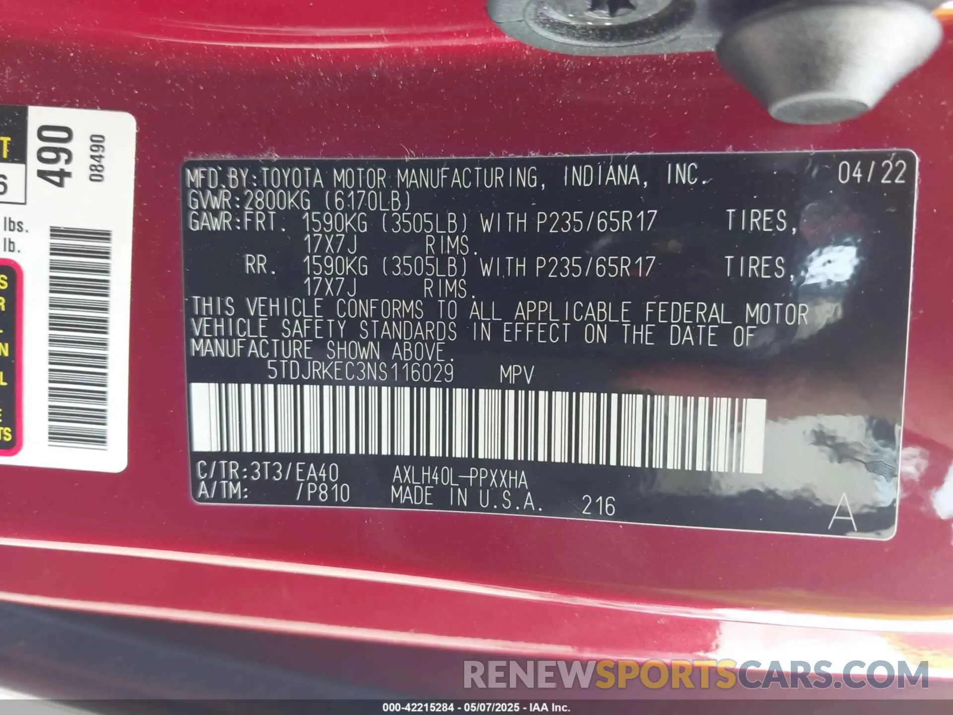 9 fotografías del automóvil dañado 5TDJRKEC3NS116029 TOYOTA SIENNA 2022