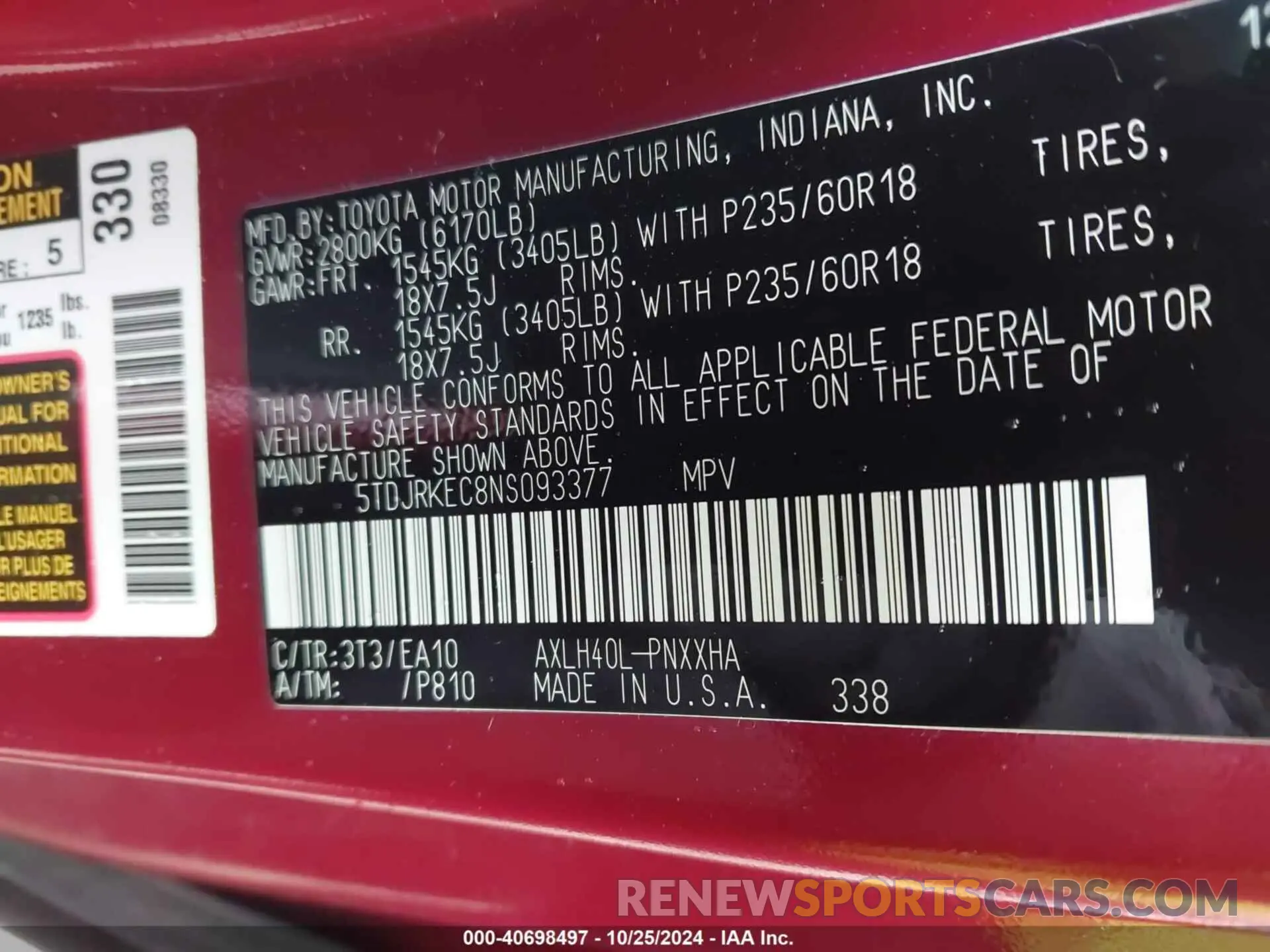 9 fotografías del automóvil dañado 5TDJRKEC8NS093377 TOYOTA SIENNA 2022