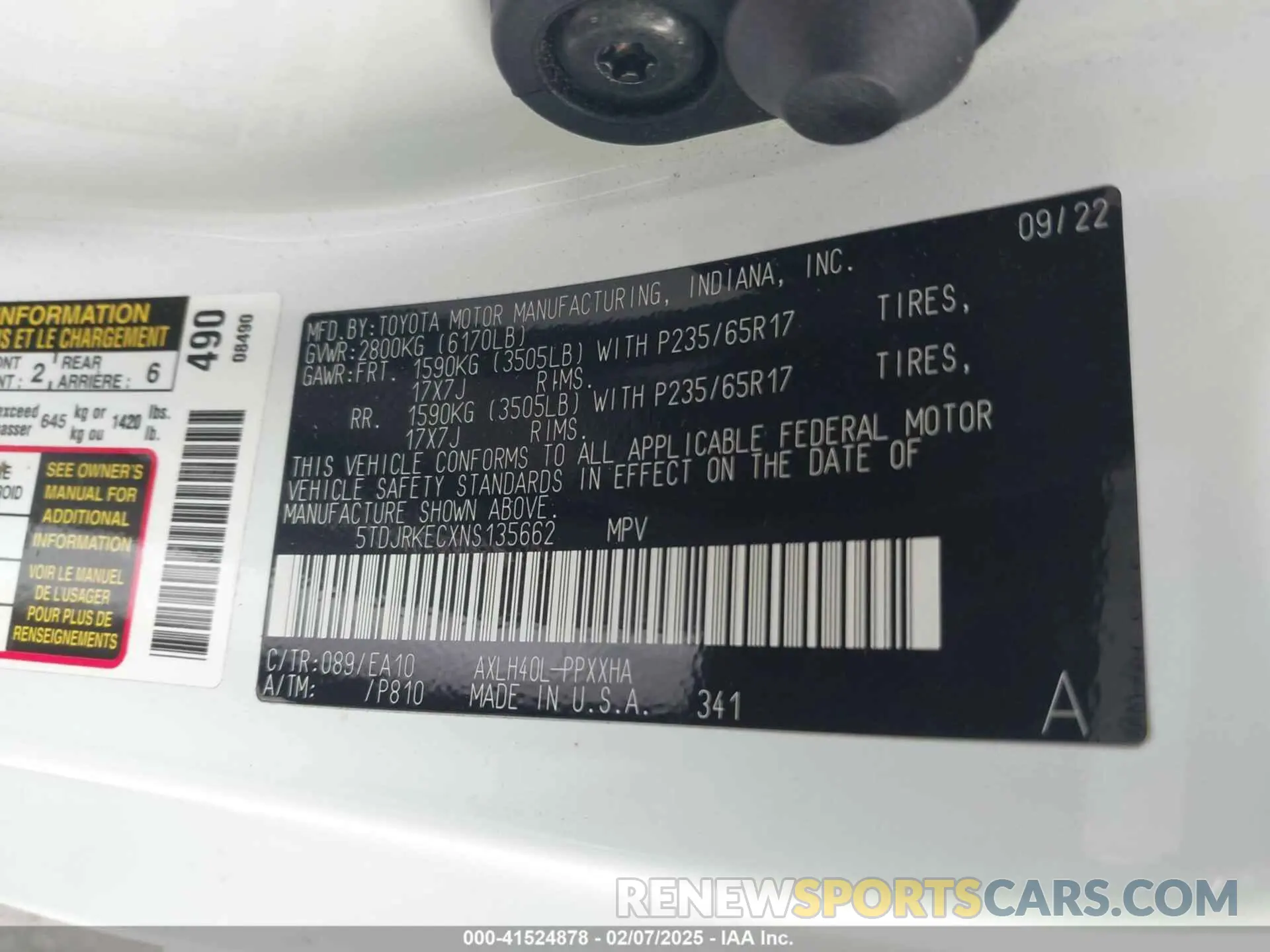9 fotografías del automóvil dañado 5TDJRKECXNS135662 TOYOTA SIENNA 2022