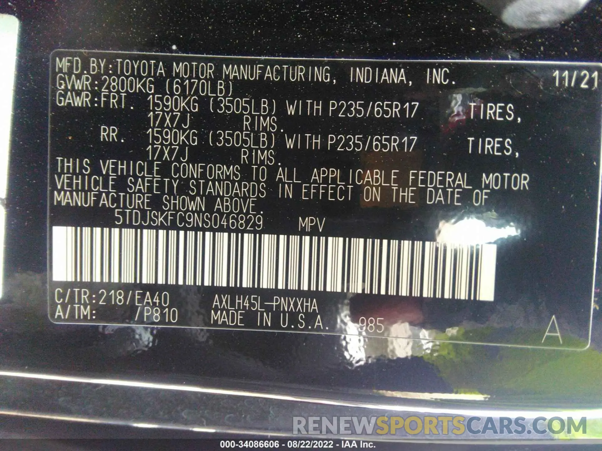 9 fotografías del automóvil dañado 5TDJSKFC9NS046829 TOYOTA SIENNA 2022