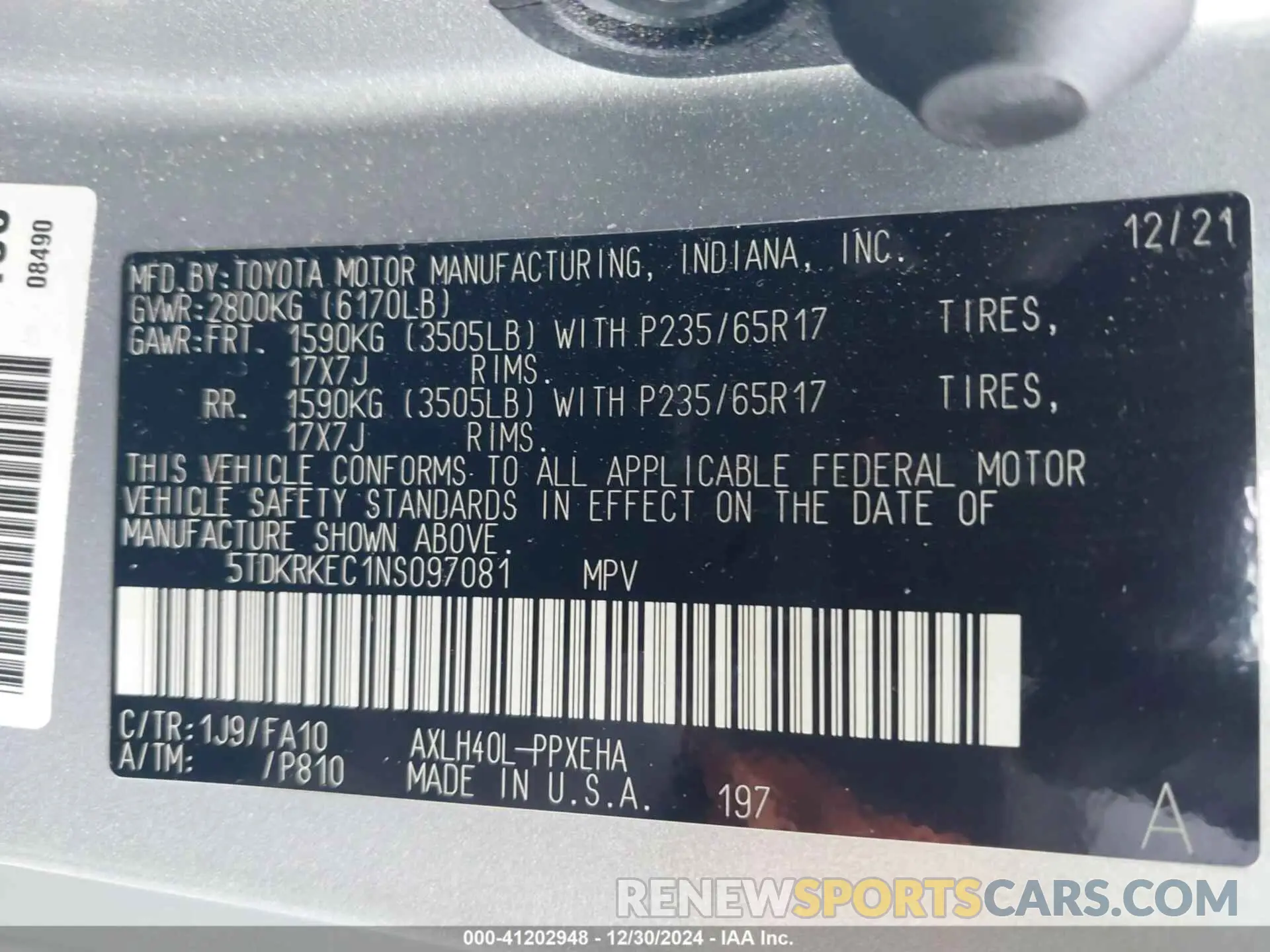 9 fotografías del automóvil dañado 5TDKRKEC1NS097081 TOYOTA SIENNA 2022