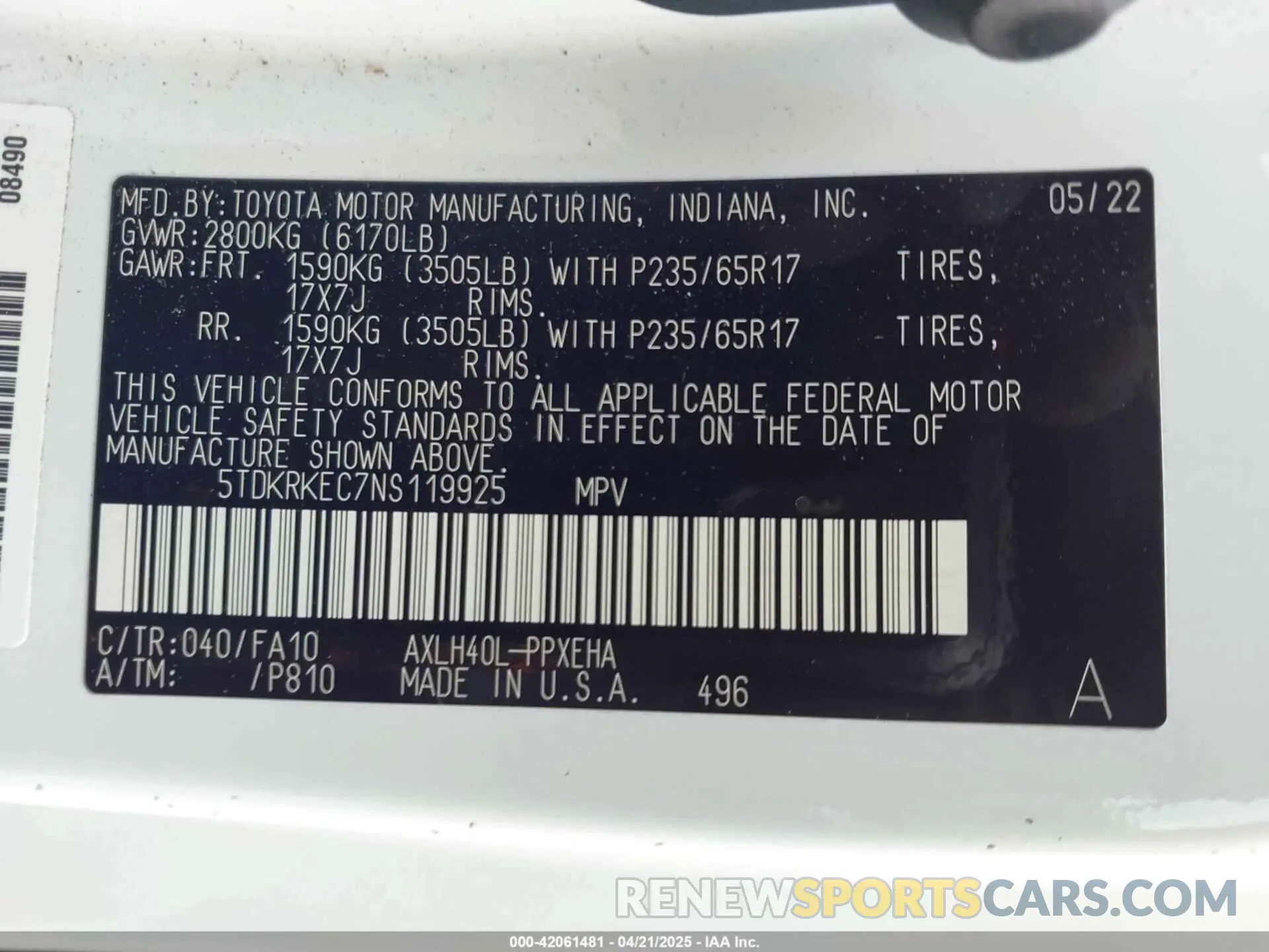 9 fotografías del automóvil dañado 5TDKRKEC7NS119925 TOYOTA SIENNA 2022